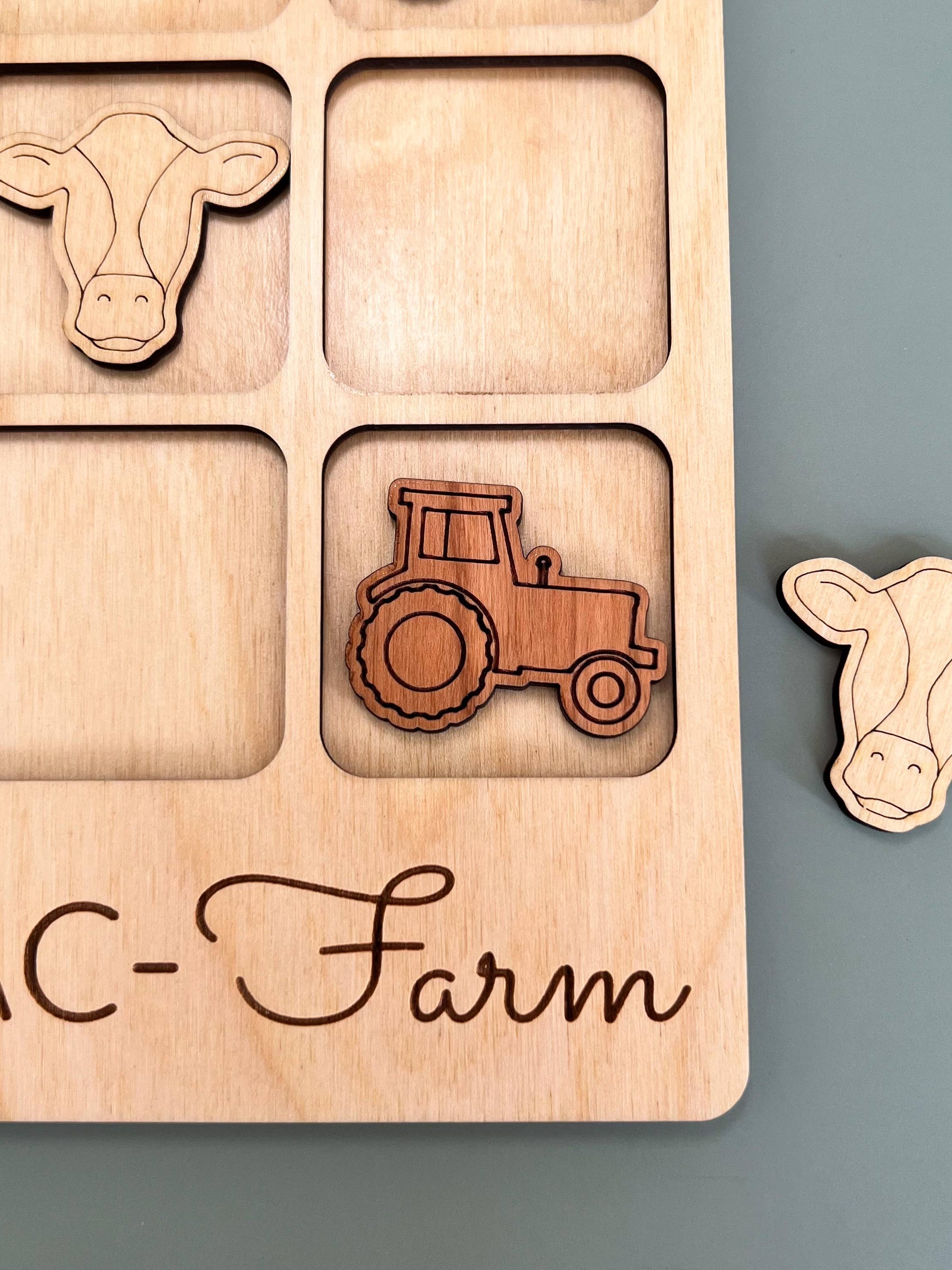 Farmer Gift - Tic-Tac-Toe Farm Game - Customizable: Cow + Tractor / FINISHED - Smooth Clear Coat     Birch House Living- Tilden Co.