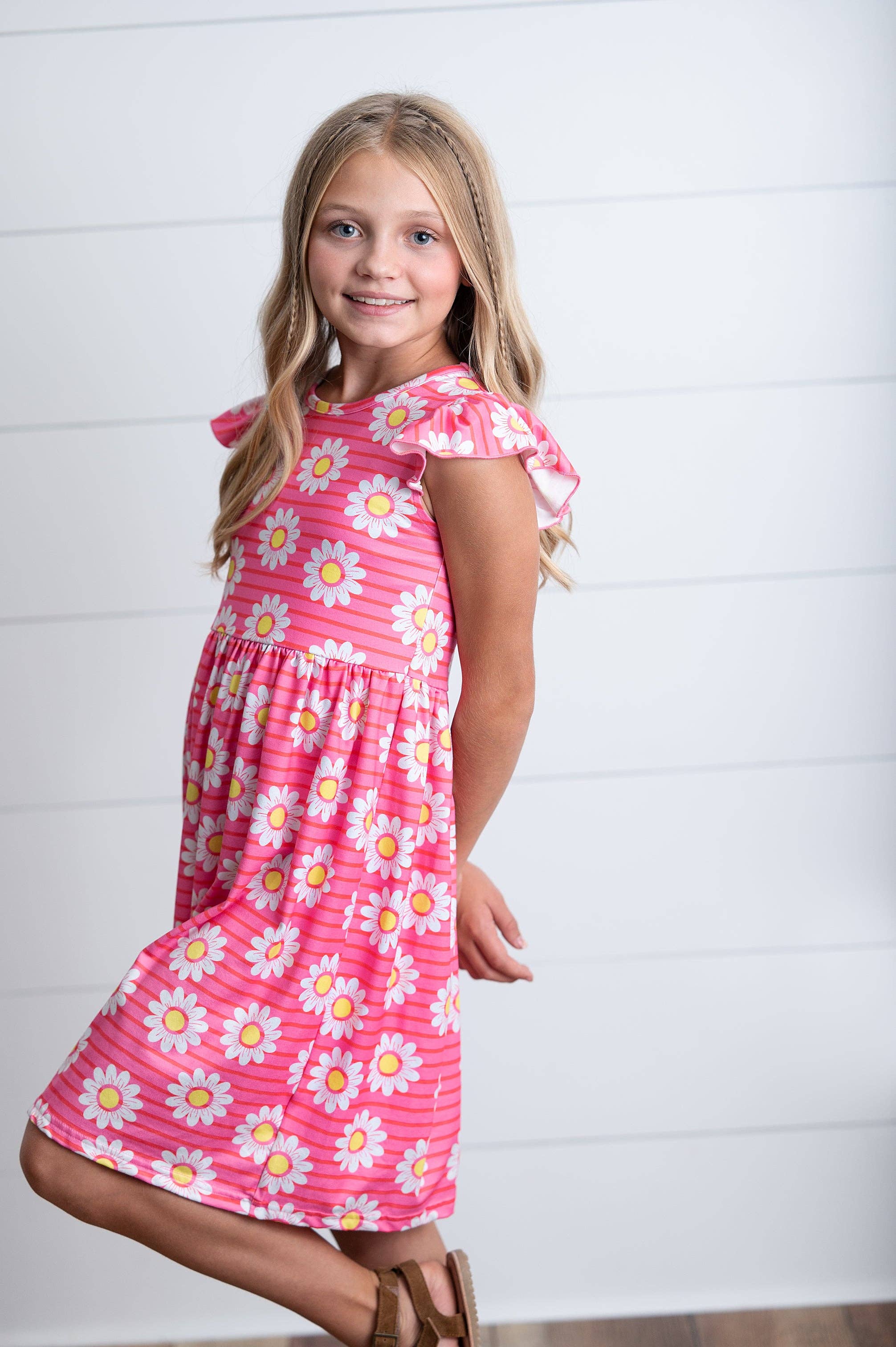 Girl's - Hot Pink Daisy Flutter Dress Girl's Dress Adorable Sweetness- Tilden Co.
