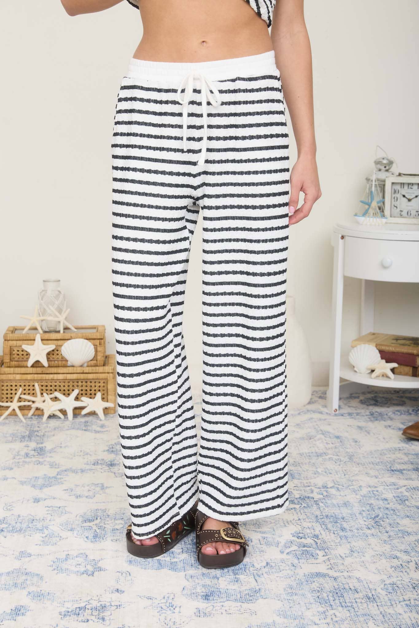 Textured Stripe Wide Leg Lounge Pants Lounge Pants Blu Pepper- Tilden Co.