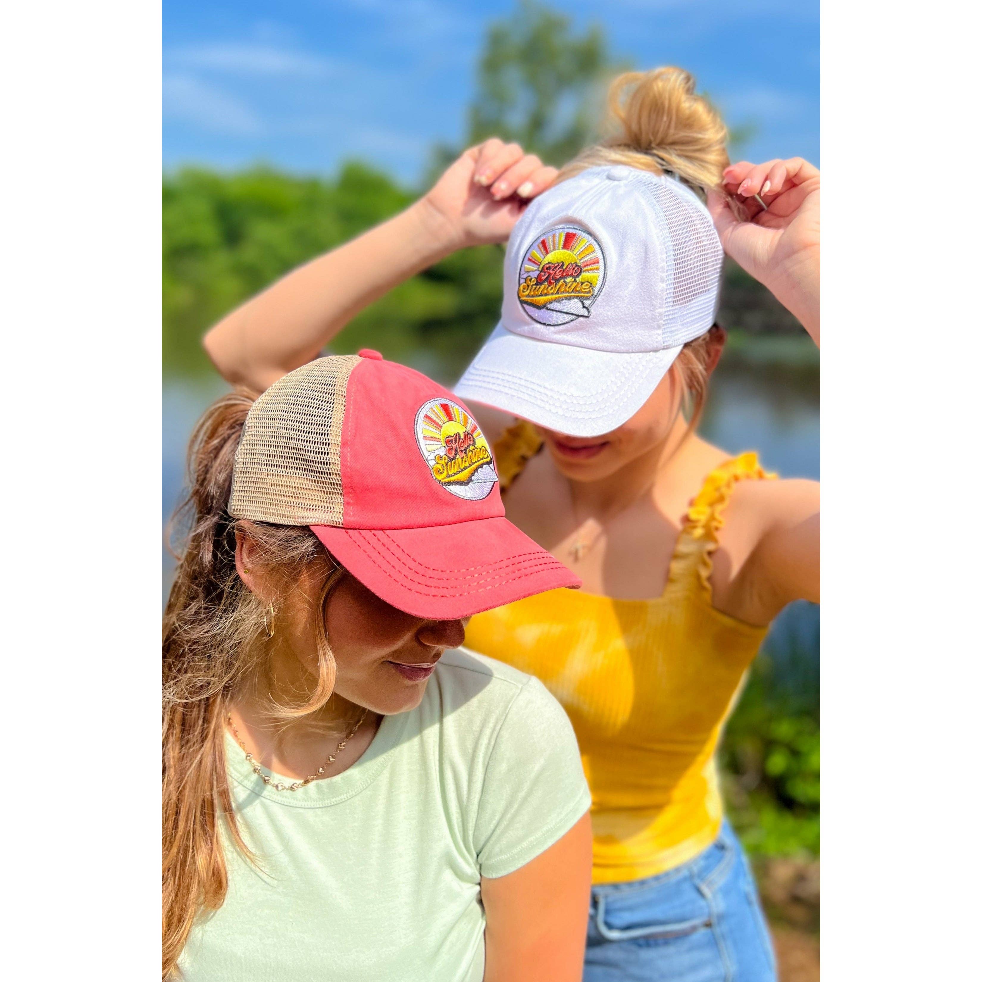Embroidered Hello Sunshine Patch C.C High Pony Criss Cross Ball Cap C.C Beanie- Tilden Co.