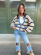 PREORDER: Contrast Trim Cardigan in Navy Stripe    Womens Ave Shops- Tilden Co.