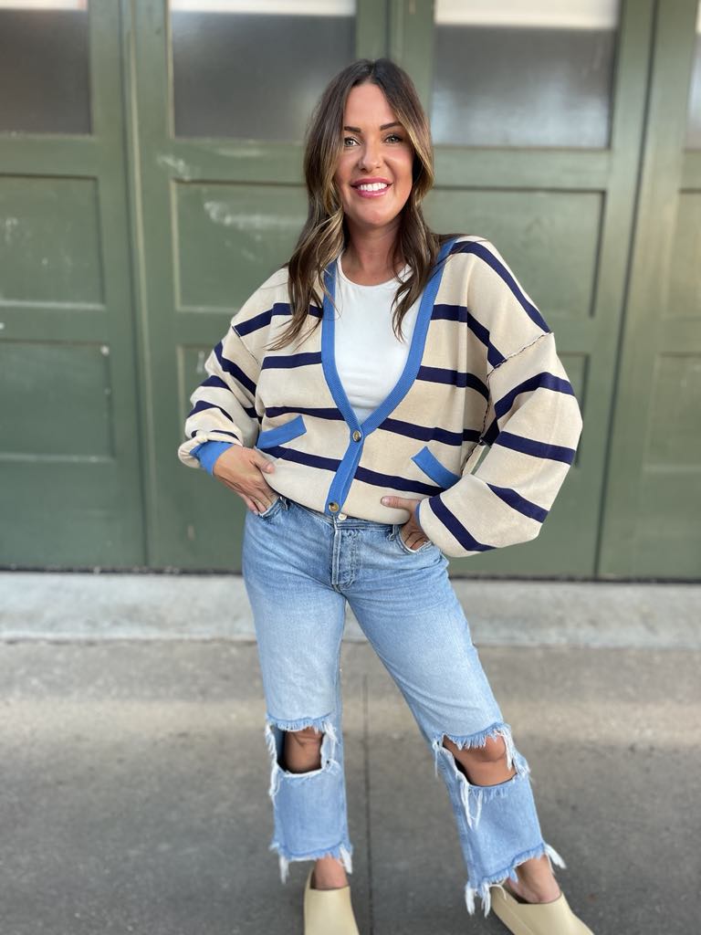 PREORDER: Contrast Trim Cardigan in Navy Stripe    Womens Ave Shops- Tilden Co.