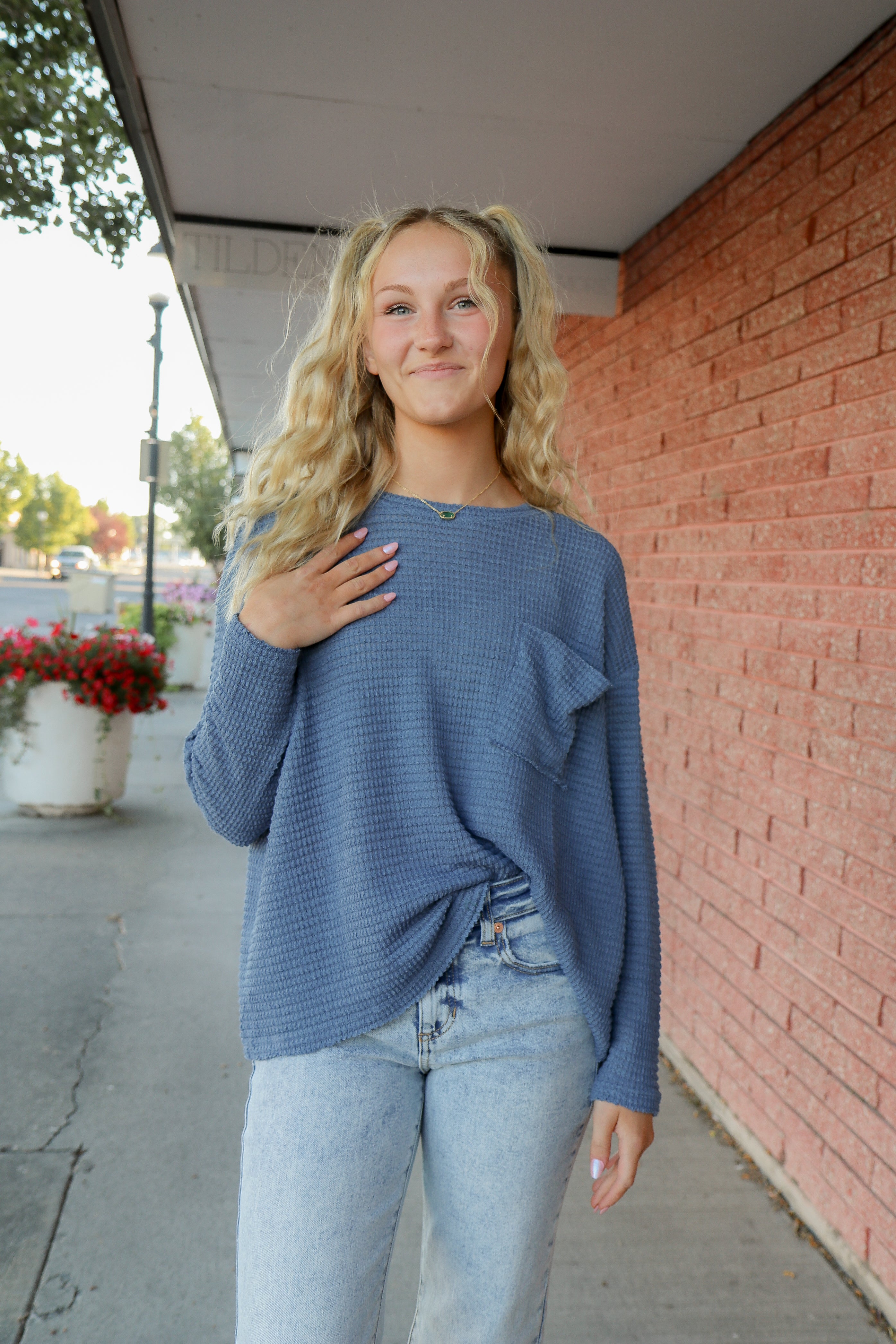 Drop Shoulder Boat Neck Jacquard Sweater Dusty Blue / S/M Dusty Blue S/M Long Sleeve Shirts and Tops Zenana- Tilden Co.