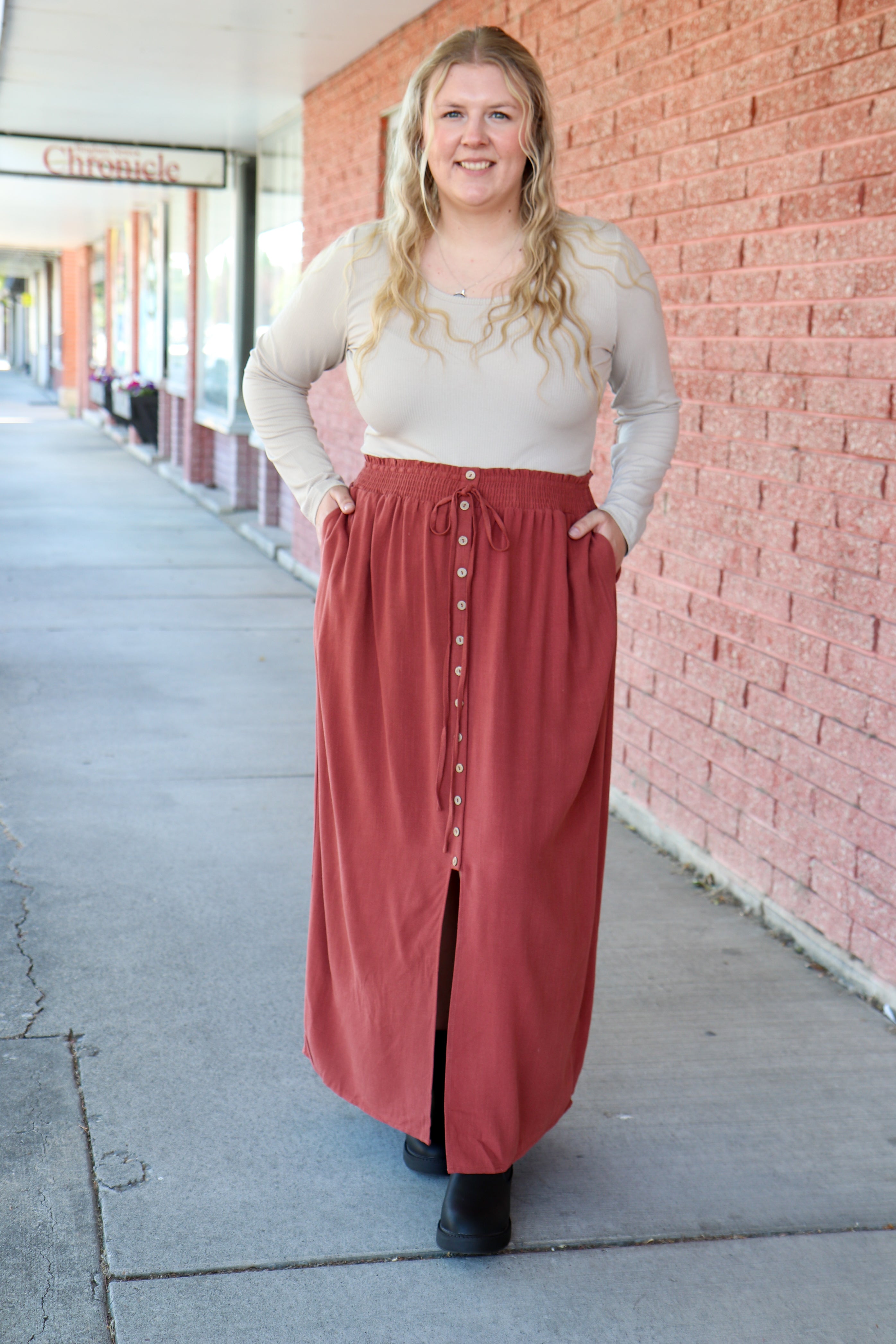 Button Front Slit Maxi in Autumn Glaze Shirts & Tops Mikarose- Tilden Co.