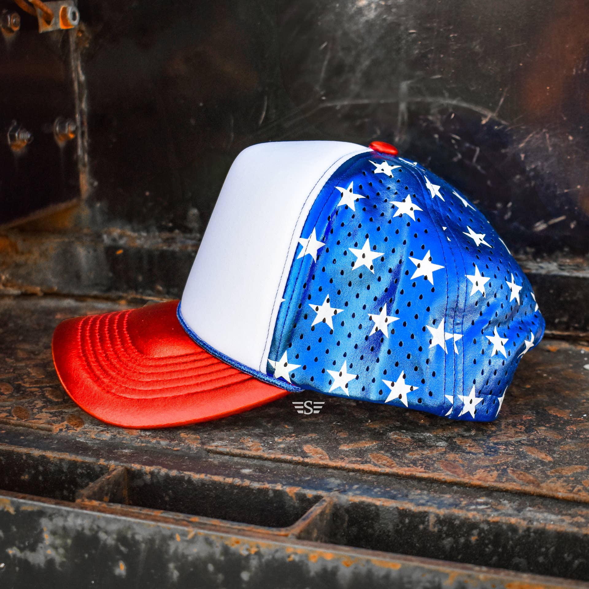 Patriotic Metallic Magna Pony® Mesh Foam Laser Cut Back Trucker Hat Flying S Company- Tilden Co.