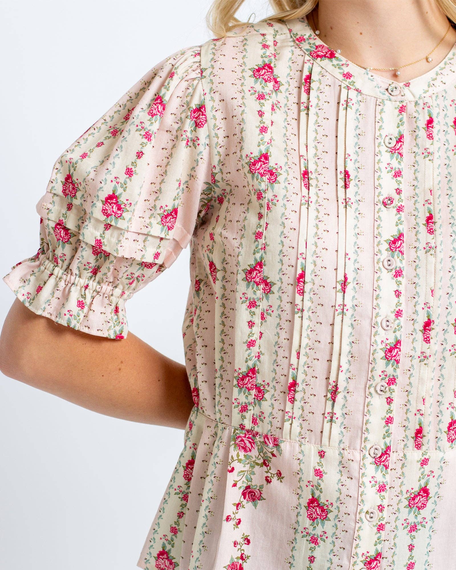 Deidra Floral Printed Short Sleeve Blouse with Ruffles Blouse Downeast- Tilden Co.