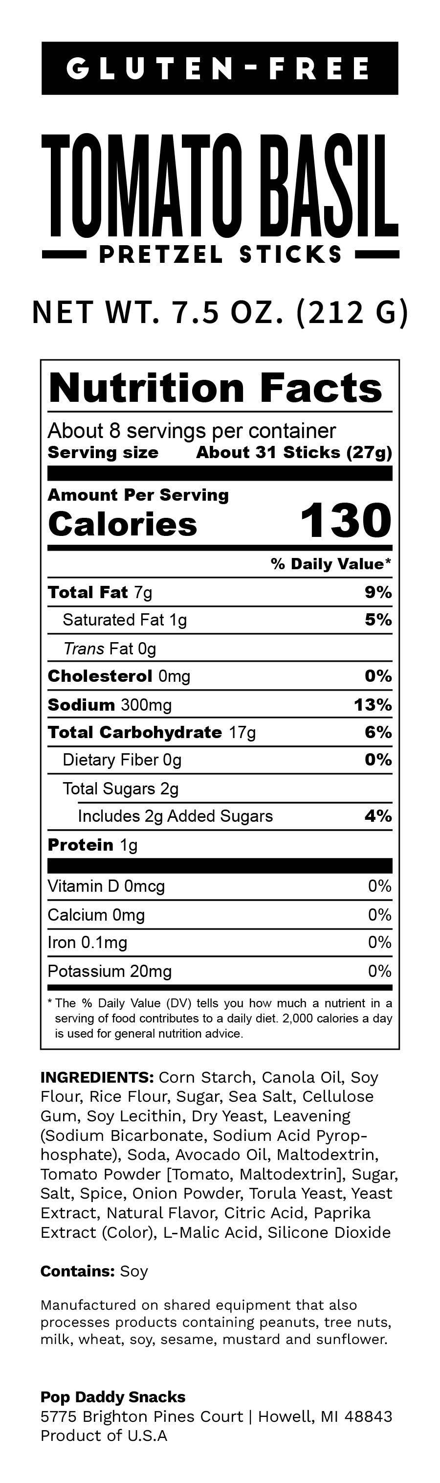 NEW Gluten-Free Tomato Basil Seasoned Pretzels 7.5 oz Pop Daddy Snacks- Tilden Co.