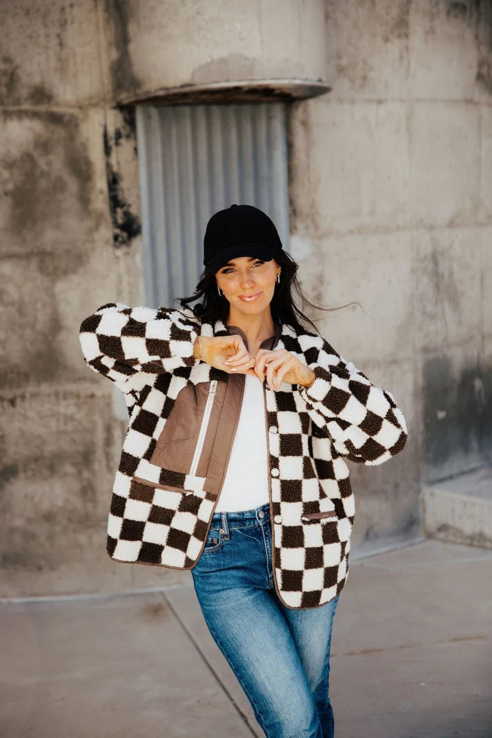 Checkered Jacket in Brown    Shacket Mikarose- Tilden Co.