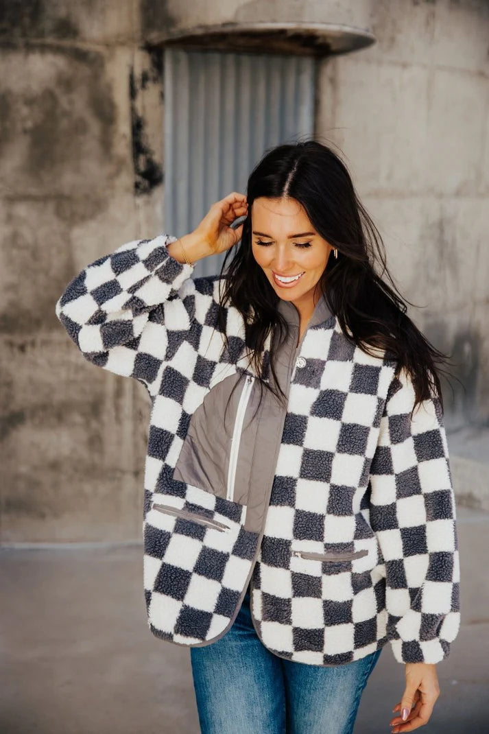 Checkered Jacket in Charcoal    Shacket Mikarose- Tilden Co.