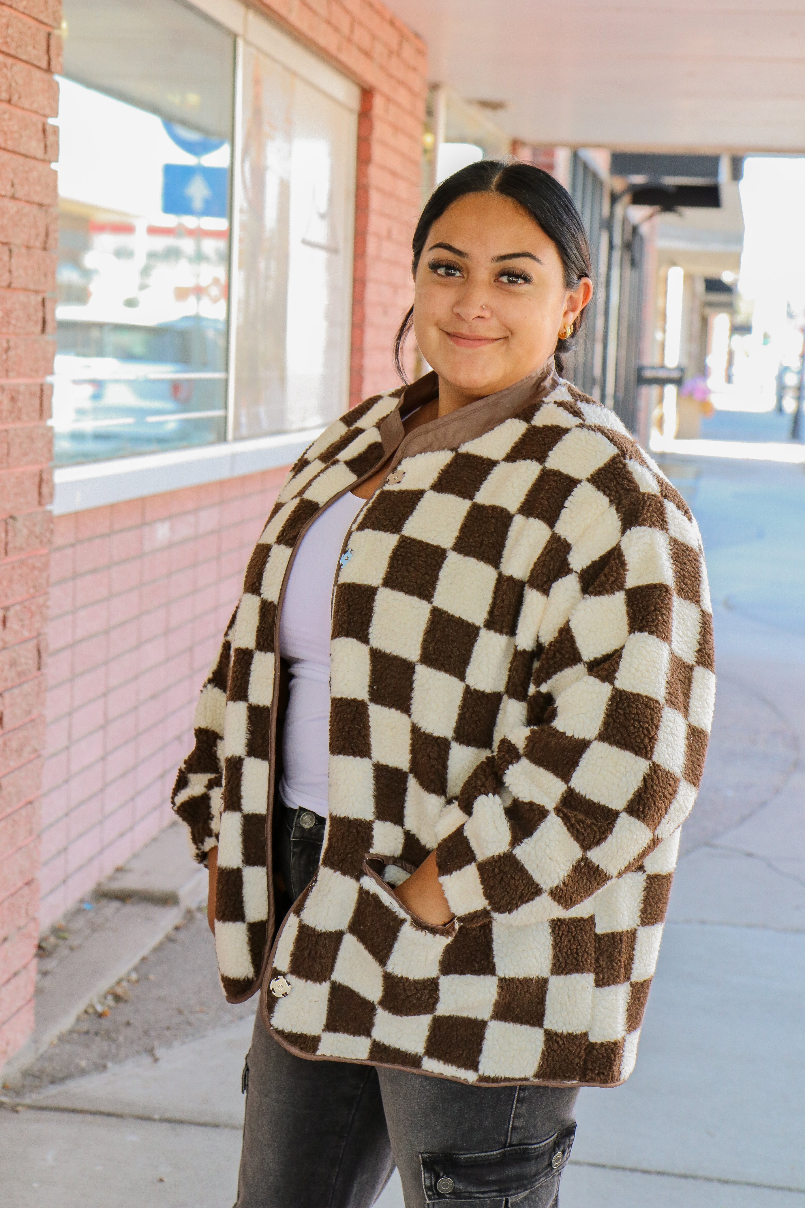 Checkered Jacket in Brown    Shacket Mikarose- Tilden Co.