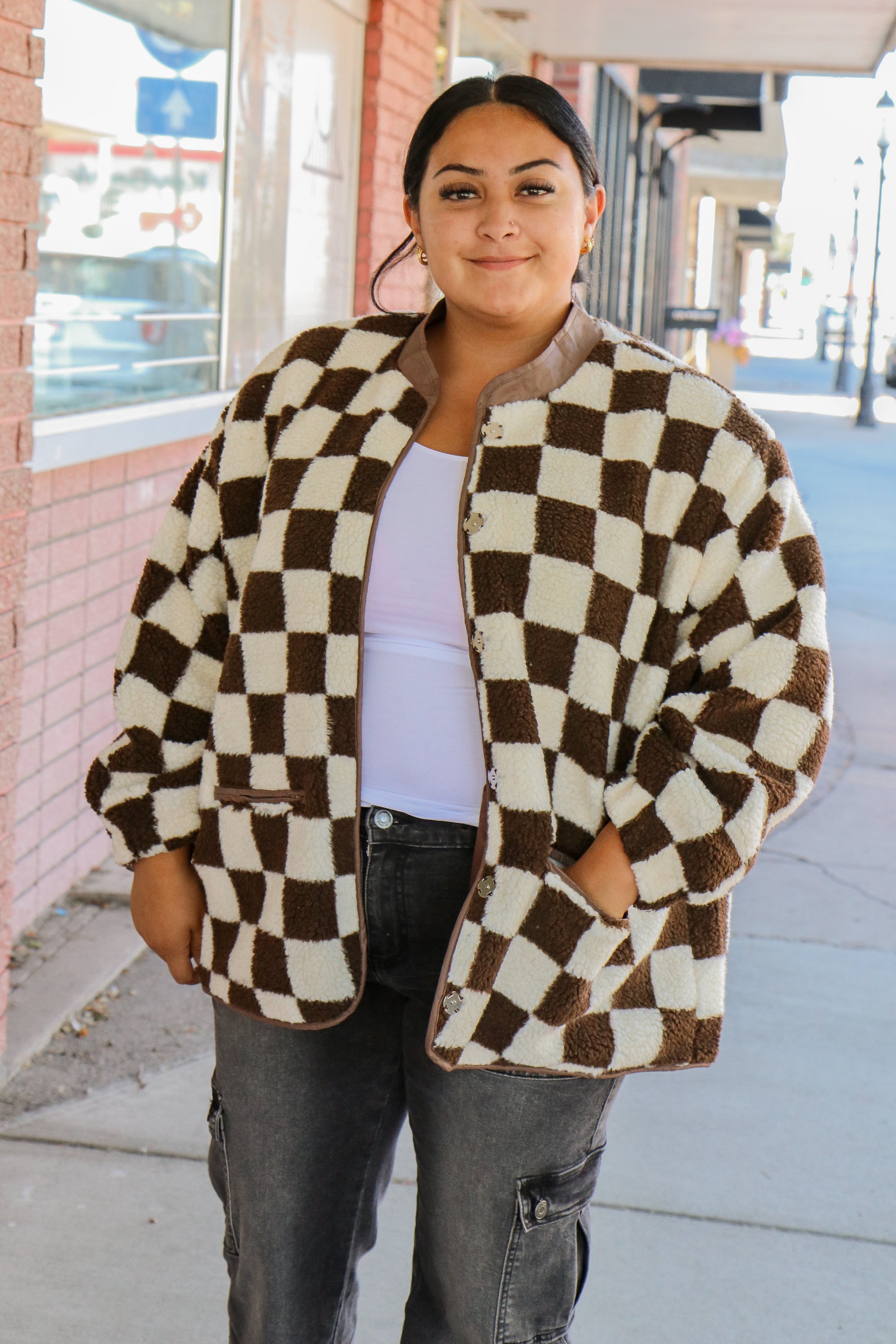 Checkered Jacket in Brown    Shacket Mikarose- Tilden Co.