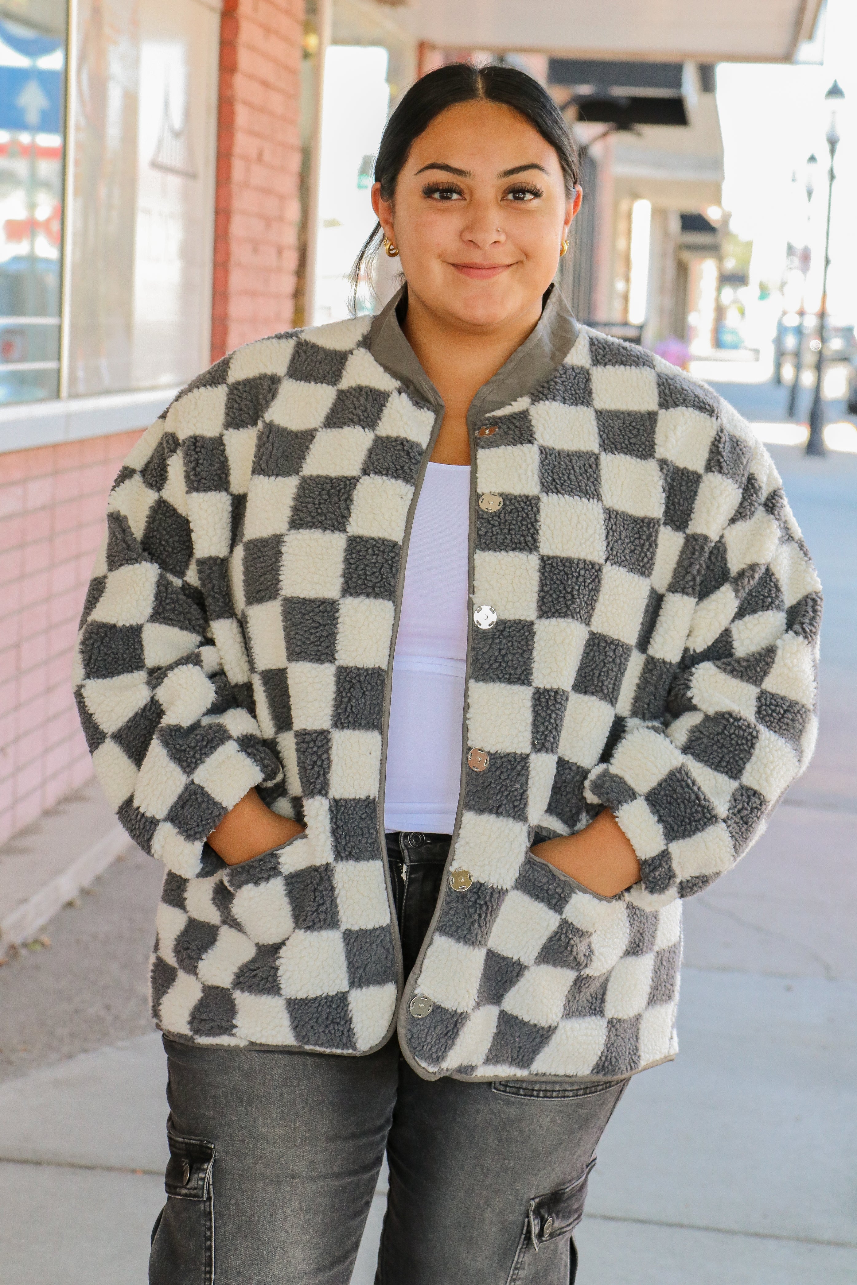 Checkered Jacket in Charcoal    Shacket Mikarose- Tilden Co.