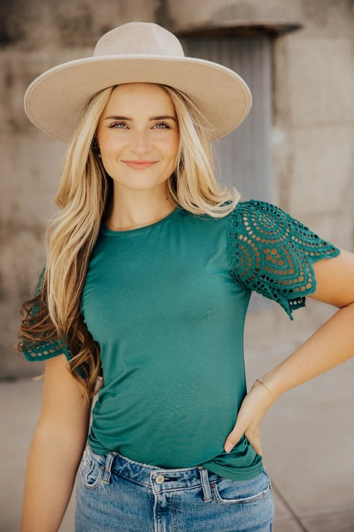 Crochet Sleeve Top in Emerald    Shirts & Tops Mikarose- Tilden Co.