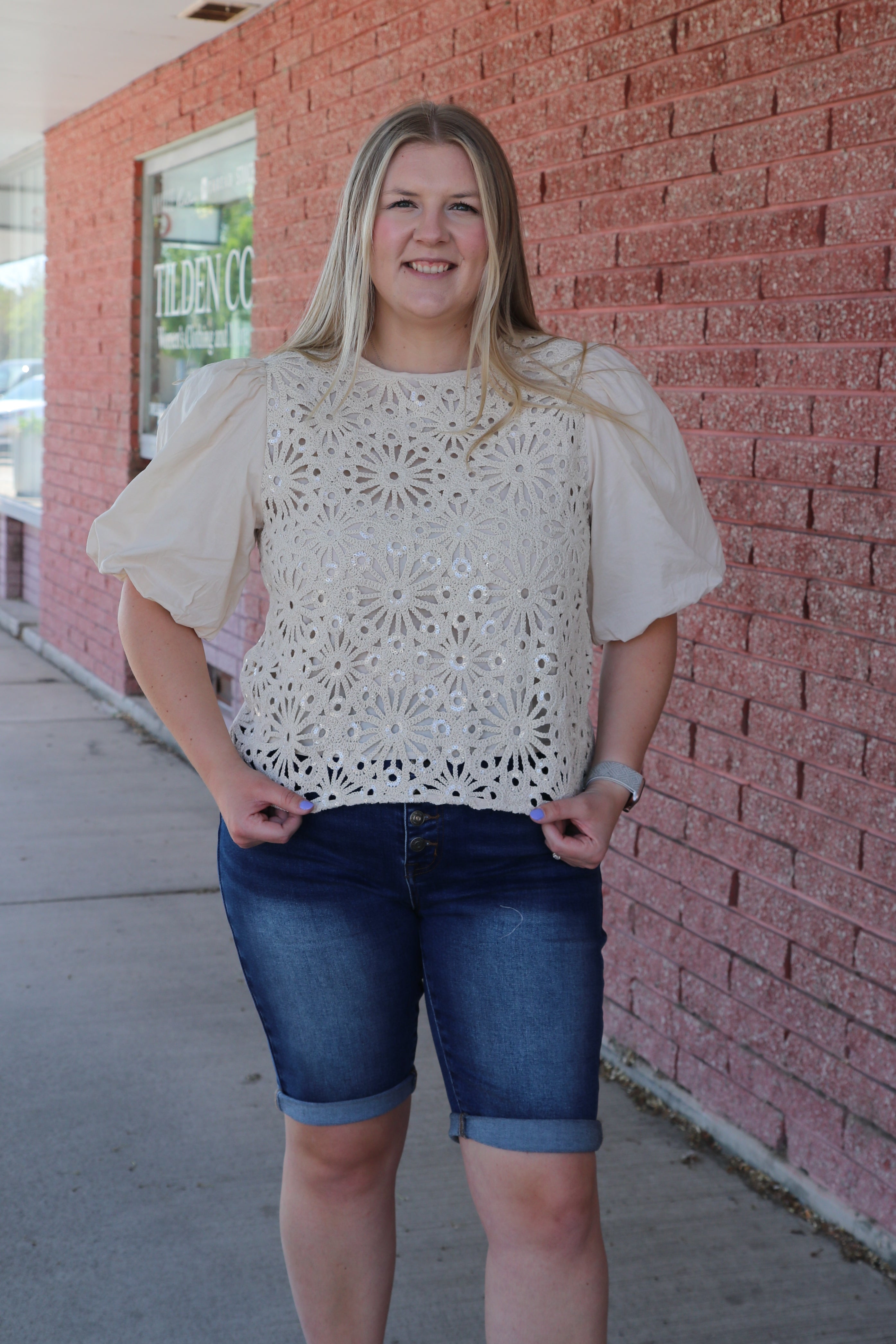 Crochet Floral Sequin Blouse Blouse AnnieWear- Tilden Co.