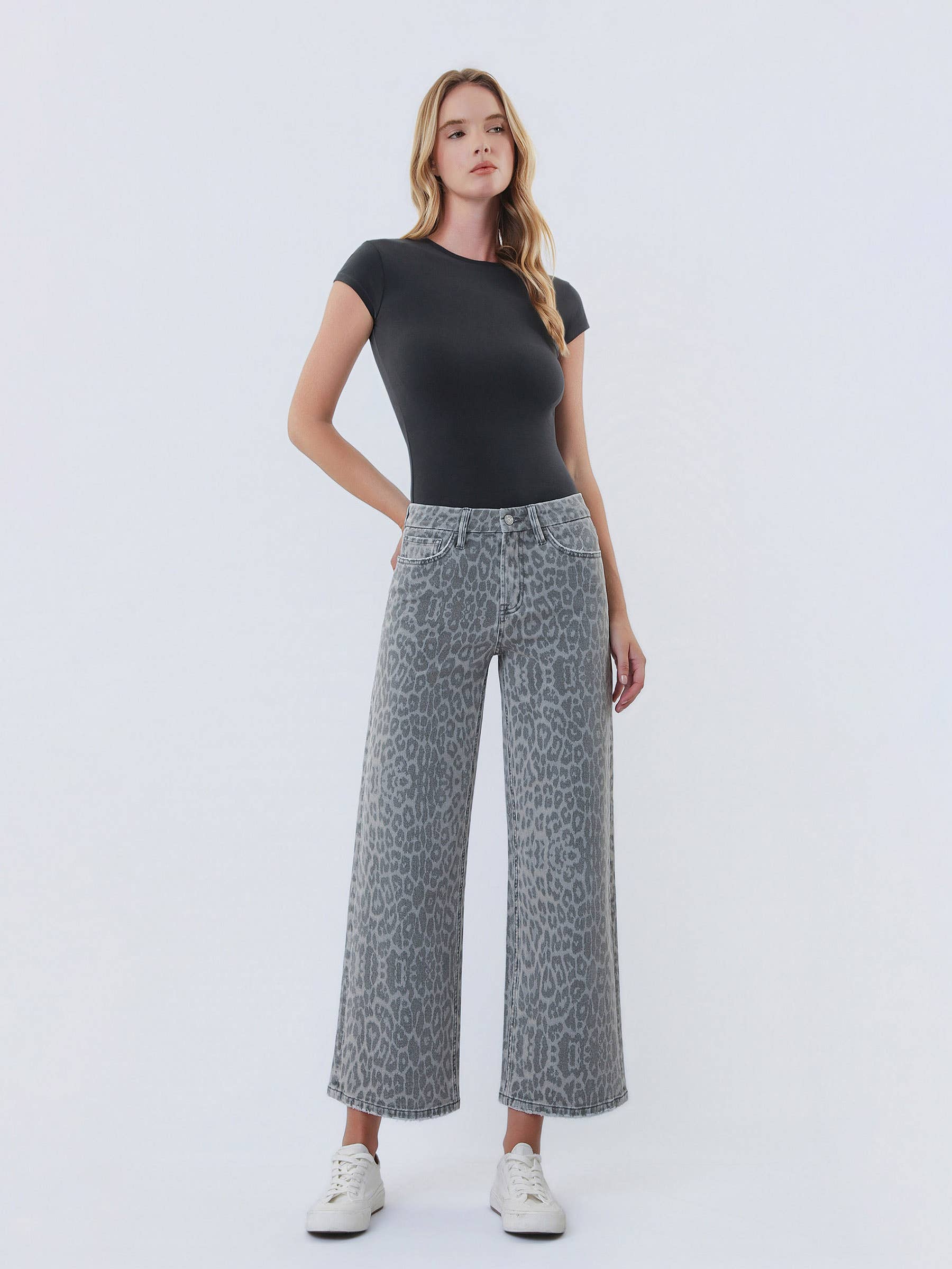 HIGH RISE GREY LEOPARD PRINT CROP WIDE LEG JEANS T7331GLP VERVET by FLYING MONKEY- Tilden Co.