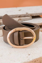 Classic Leather Belt with Oval Buckle | 40BT609 Taupe Taupe JOSSLYN by wall to wall- Tilden Co.