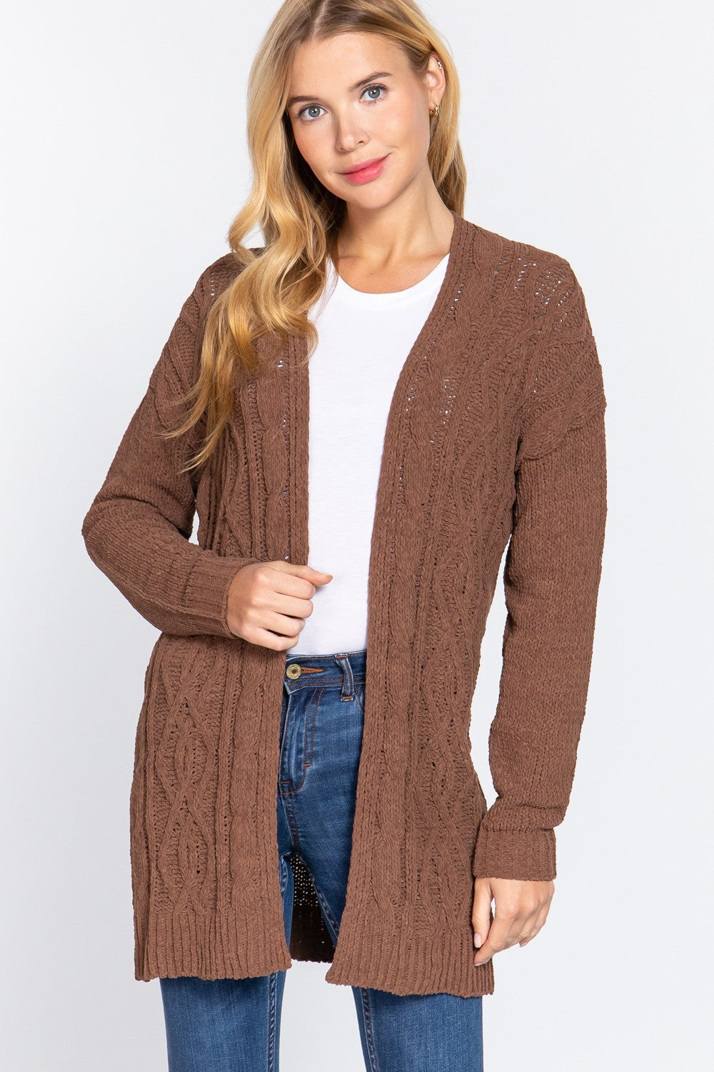 Chenille Sweater Cardigan in Brown Cardigan Active Basic- Tilden Co.