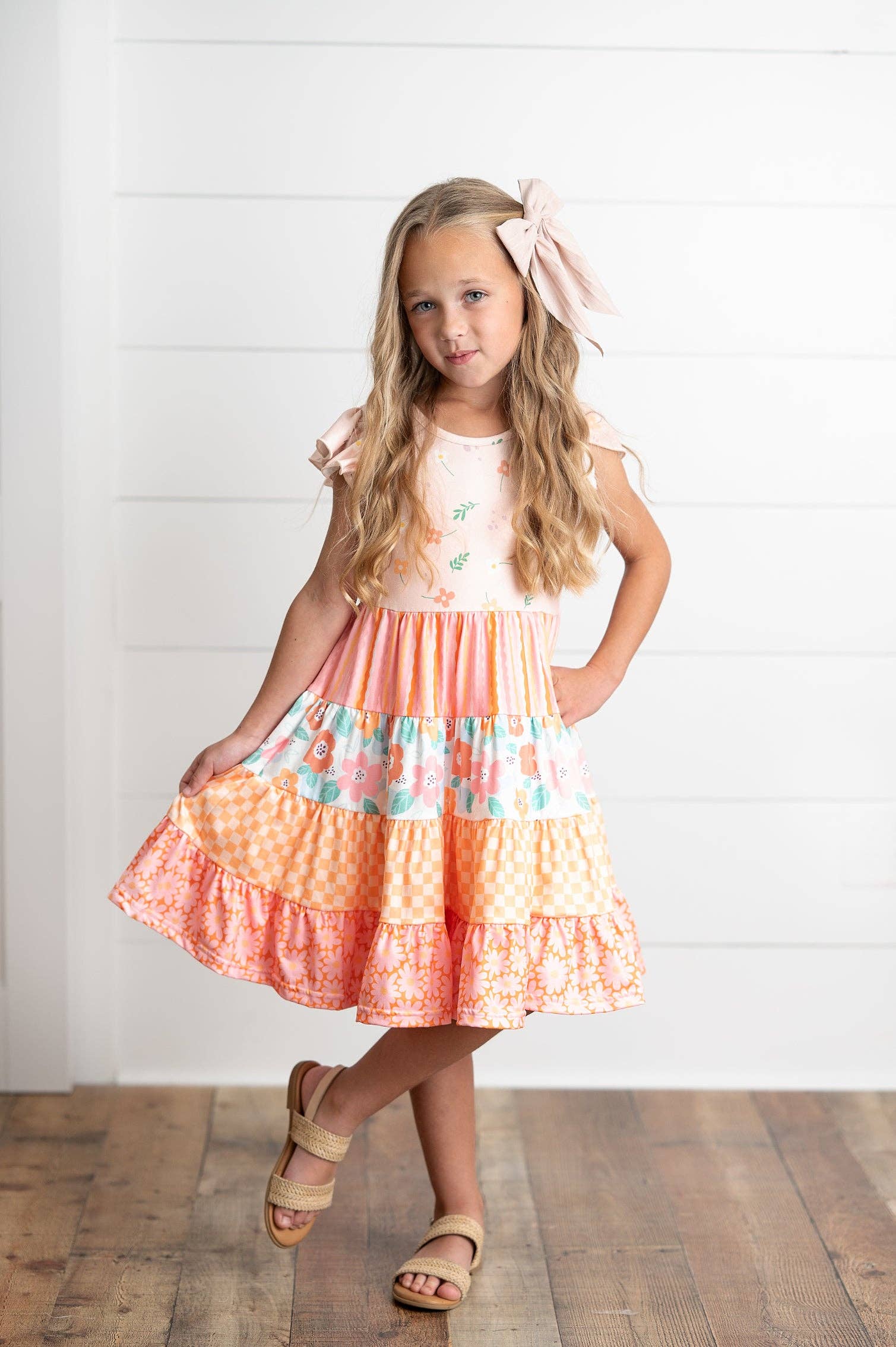 Girl's - Ava Peach Retro Tiered Dress Girl's Dress Adorable Sweetness- Tilden Co.