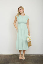 Smocked Tiered Midi Dress Sage / Small Sage Small Midi Dress Blu Pepper- Tilden Co.