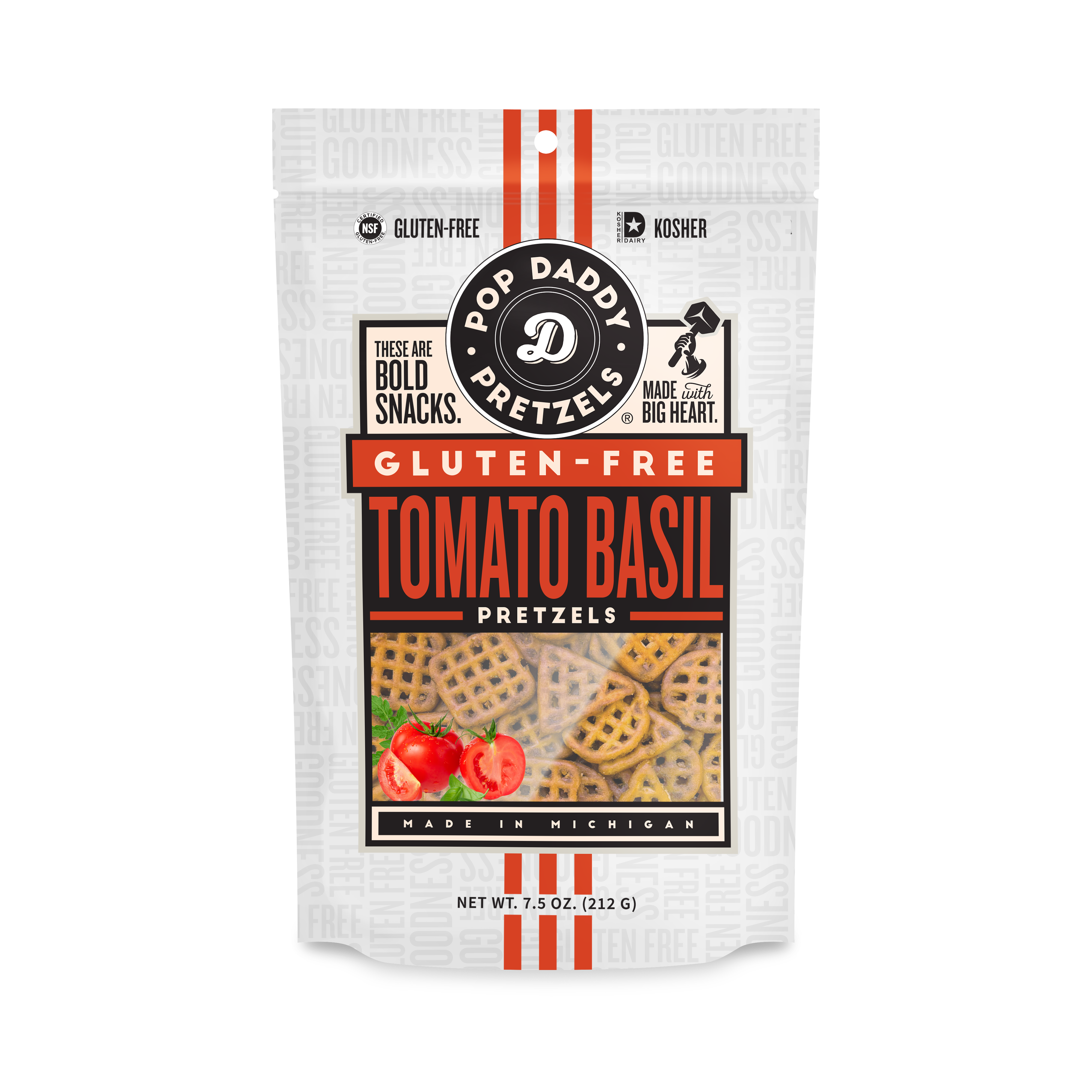 NEW Gluten-Free Tomato Basil Seasoned Pretzels 7.5 oz Pop Daddy Snacks- Tilden Co.
