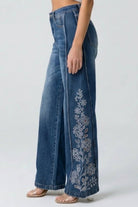 Floral Embroidered Wide Leg Jeans Jeans SAIGE DENIM- Tilden Co.