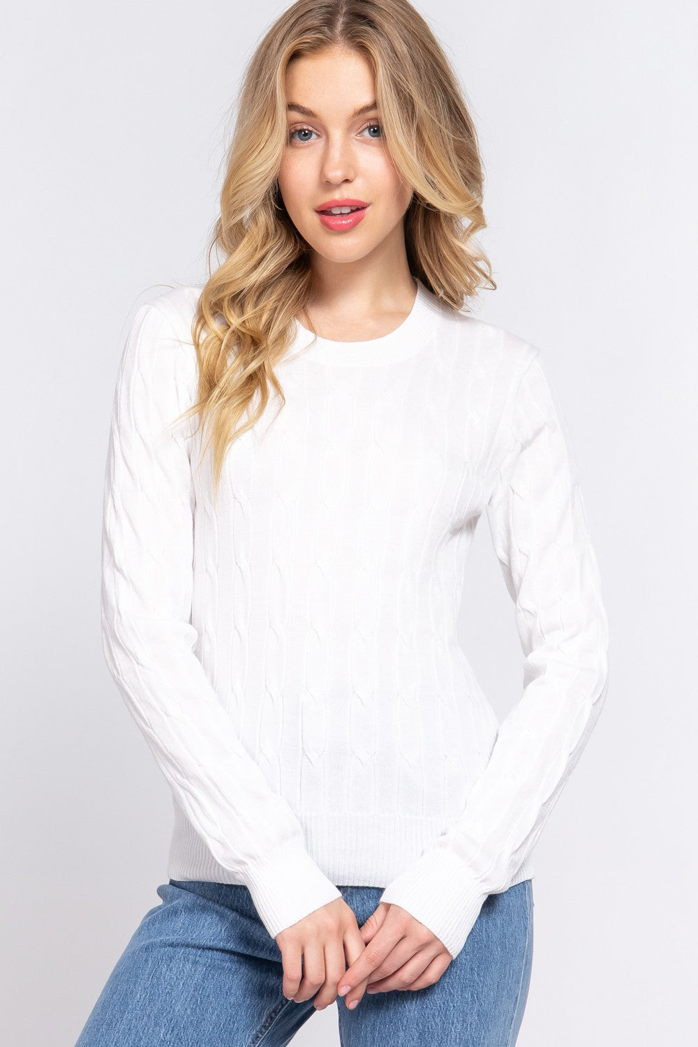 Long Sleeve Round Neck Cable Sweater Shirts & Tops Active Basic- Tilden Co.