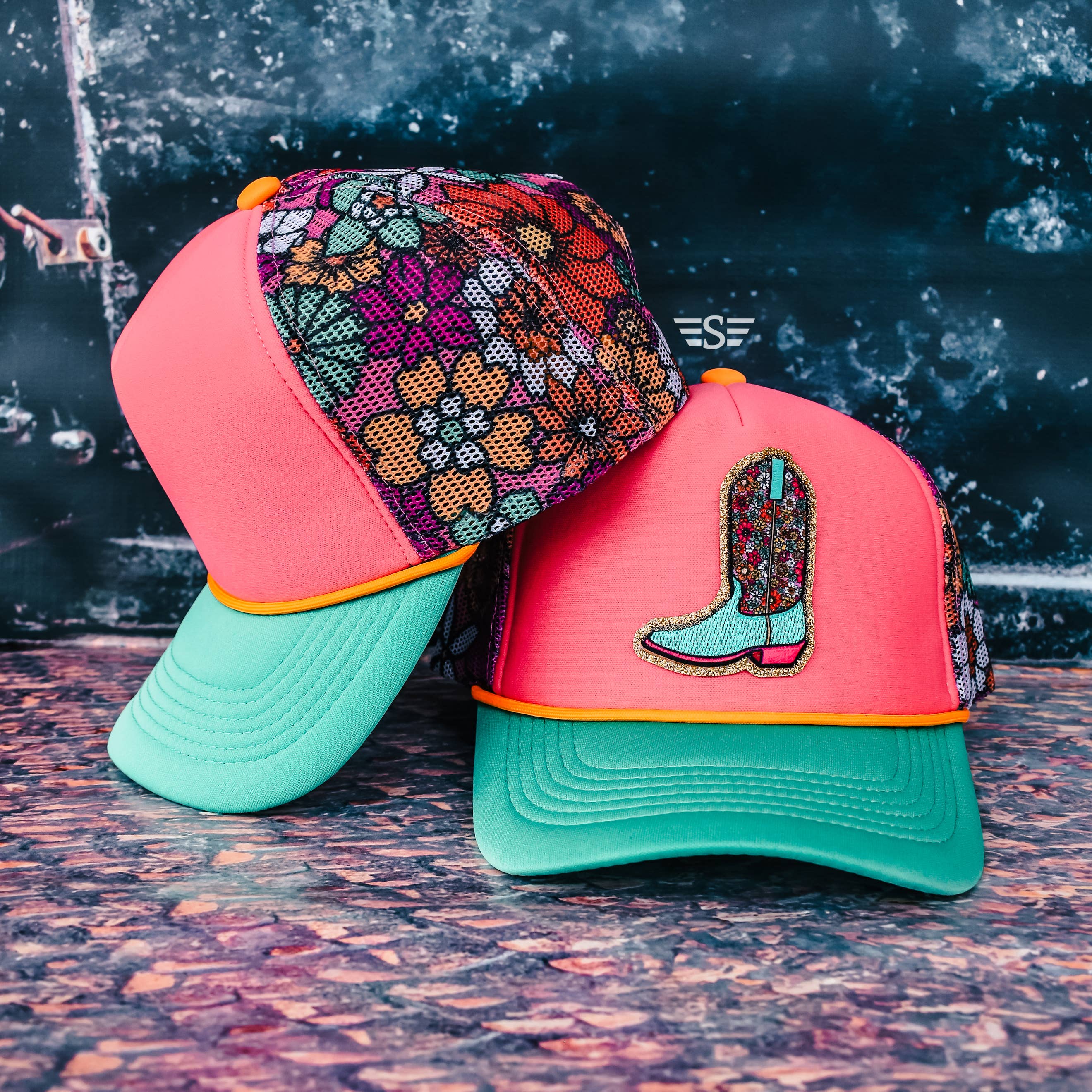 Floral Boot Magna Pony® Mesh Foam Trucker Hat Flying S Company- Tilden Co.