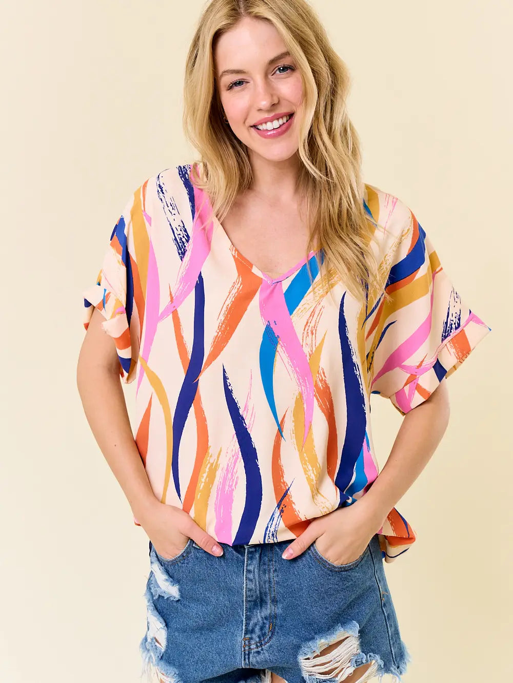 Color Rush V-Neck Top Blouse Lovely Melody- Tilden Co.