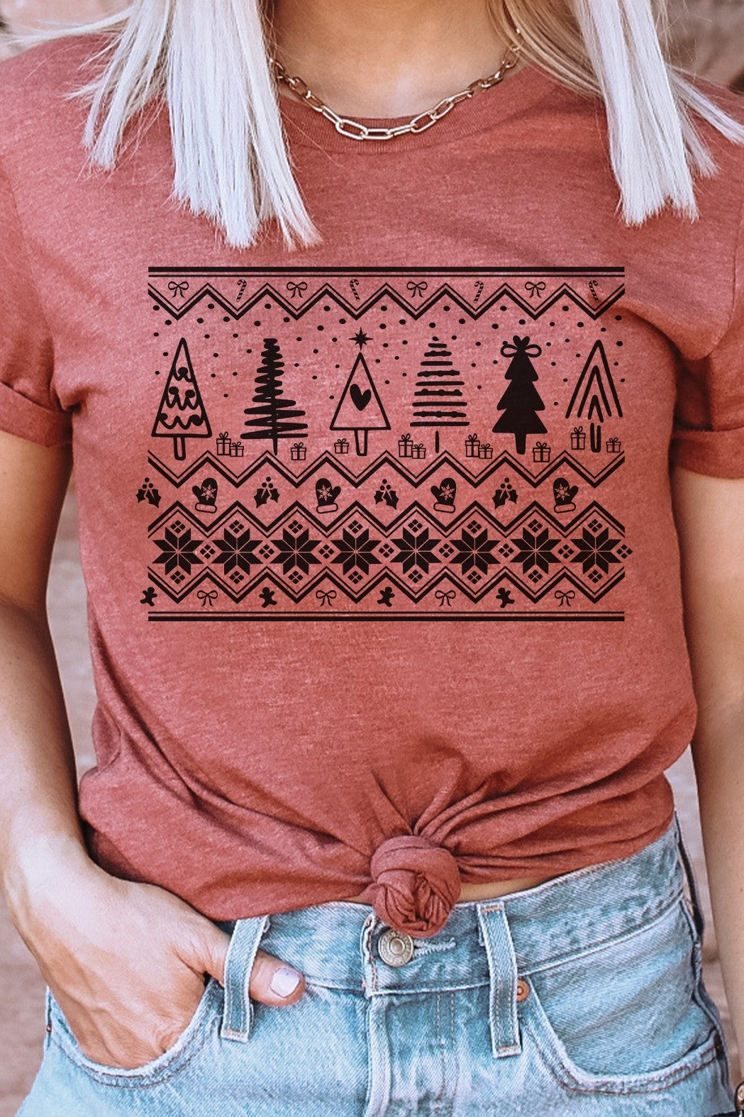 Fair Isle Trees Xmas Sweater Pattern Graphic Tee - Final Sale    Shirts & Tops Kissed Apparel- Tilden Co.