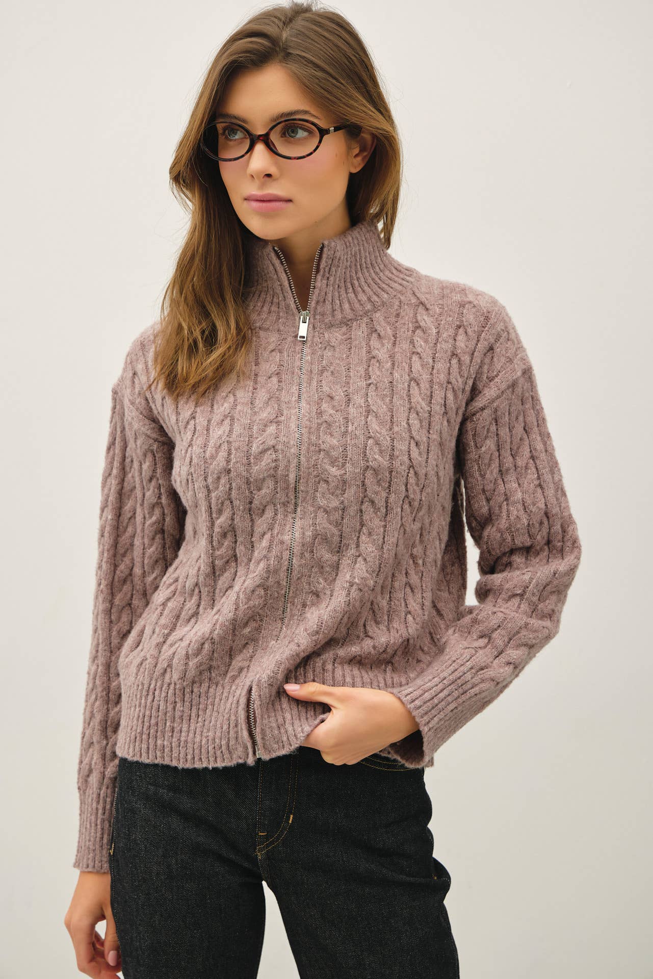 Cable Knit Zip Up Sweater Jacket Cocoa / S/M Cocoa S/M Be Cool- Tilden Co.