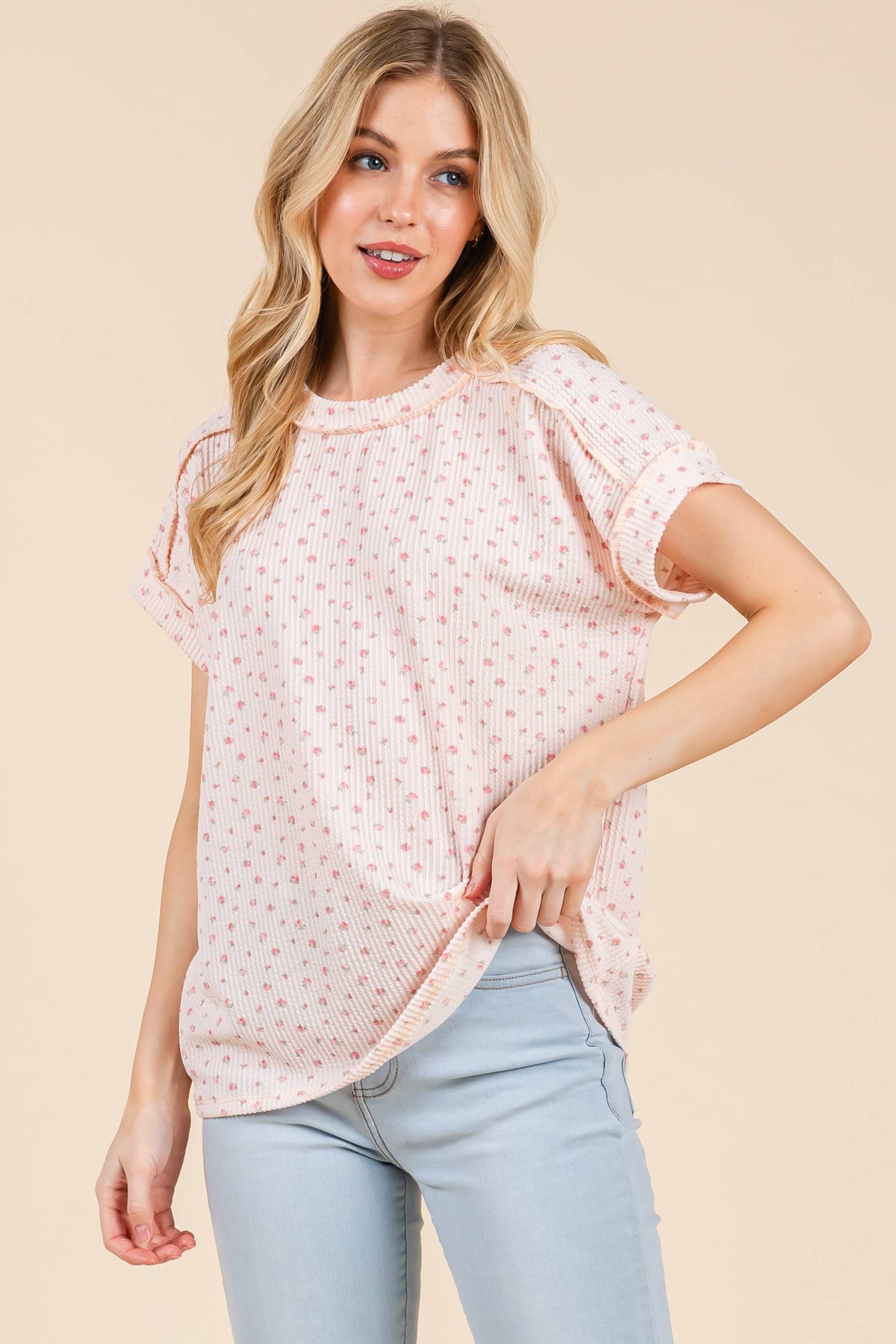 Baby Pink Floral Knit Tee Short Sleeve Top BOMBOM- Tilden Co.