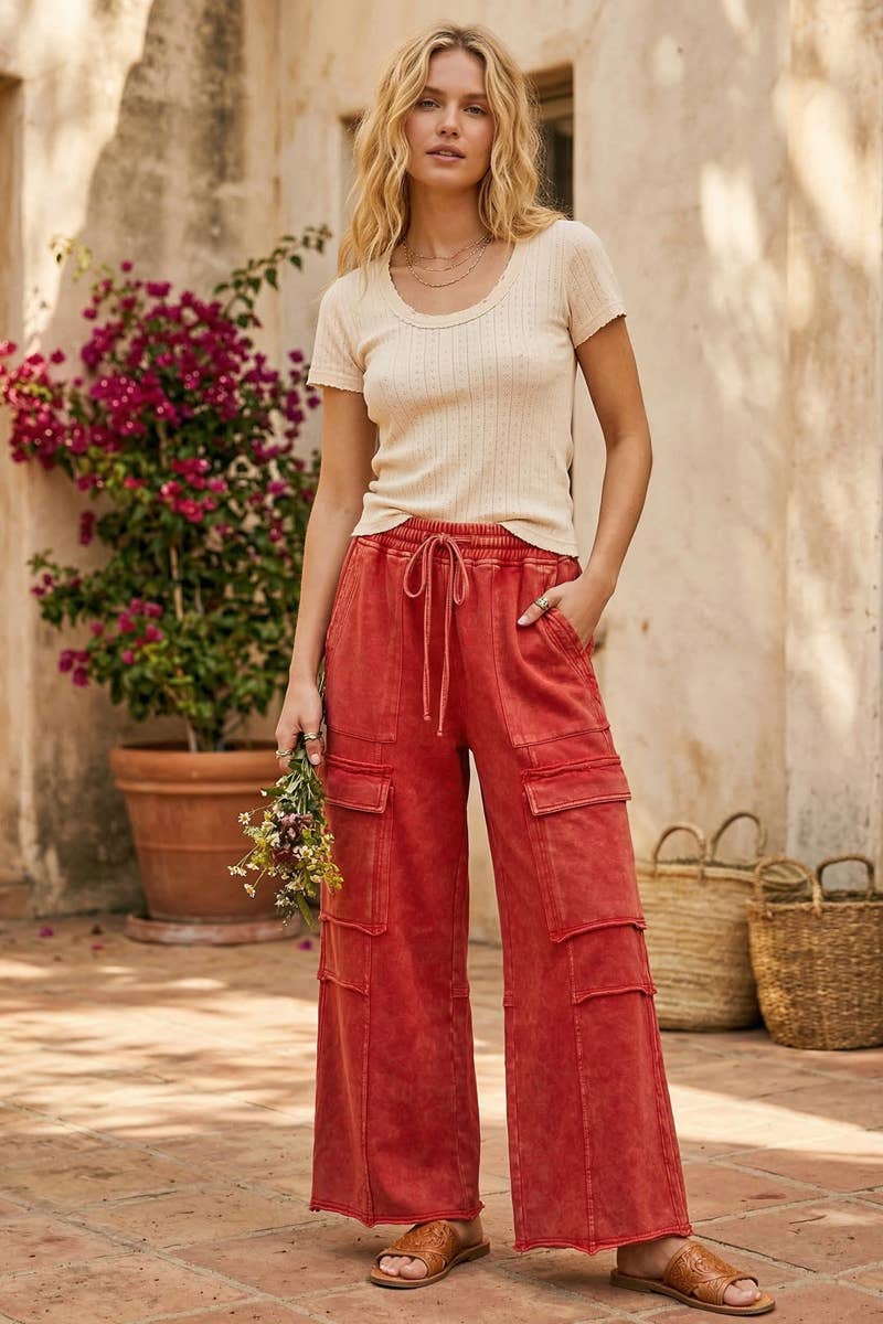 Red Mineral Washed Cargo Pants Small Small Casual Pants Sewn and Seen- Tilden Co.