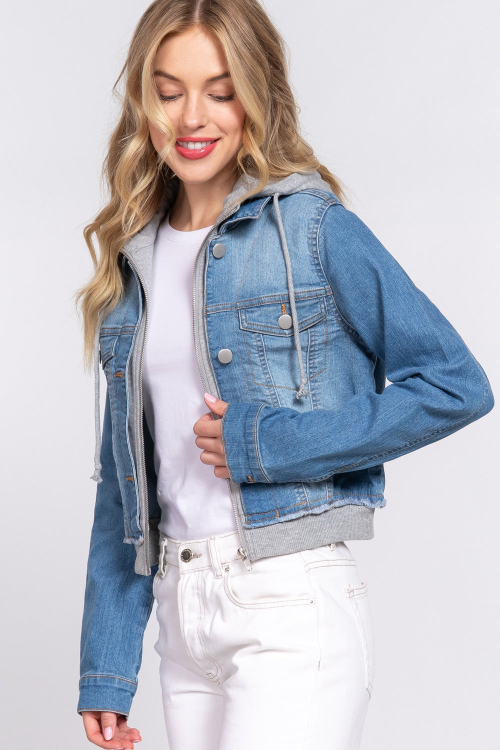 Contrast Terry Hoodie Denim Jacket jean jacket Active Basic- Tilden Co.