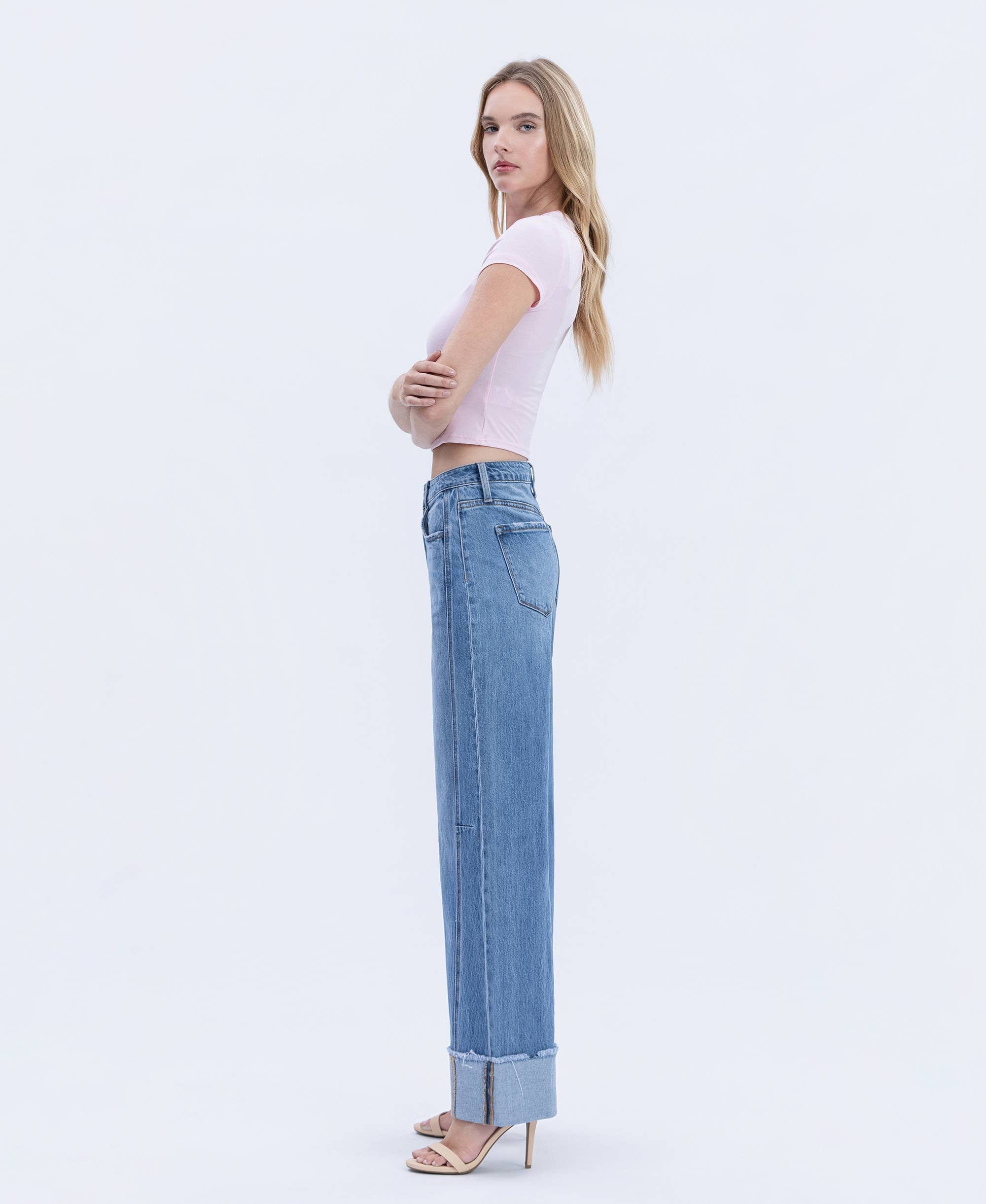 HIGH RISE MEDIUM WASH CUFFED WIDE JEANS T6684 VERVET by FLYING MONKEY- Tilden Co.
