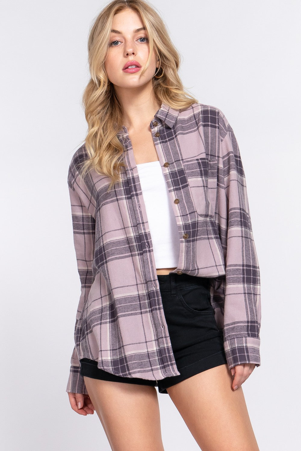 Mauve Plaid Button Down Shirt Shirts & Tops Active Basic- Tilden Co.