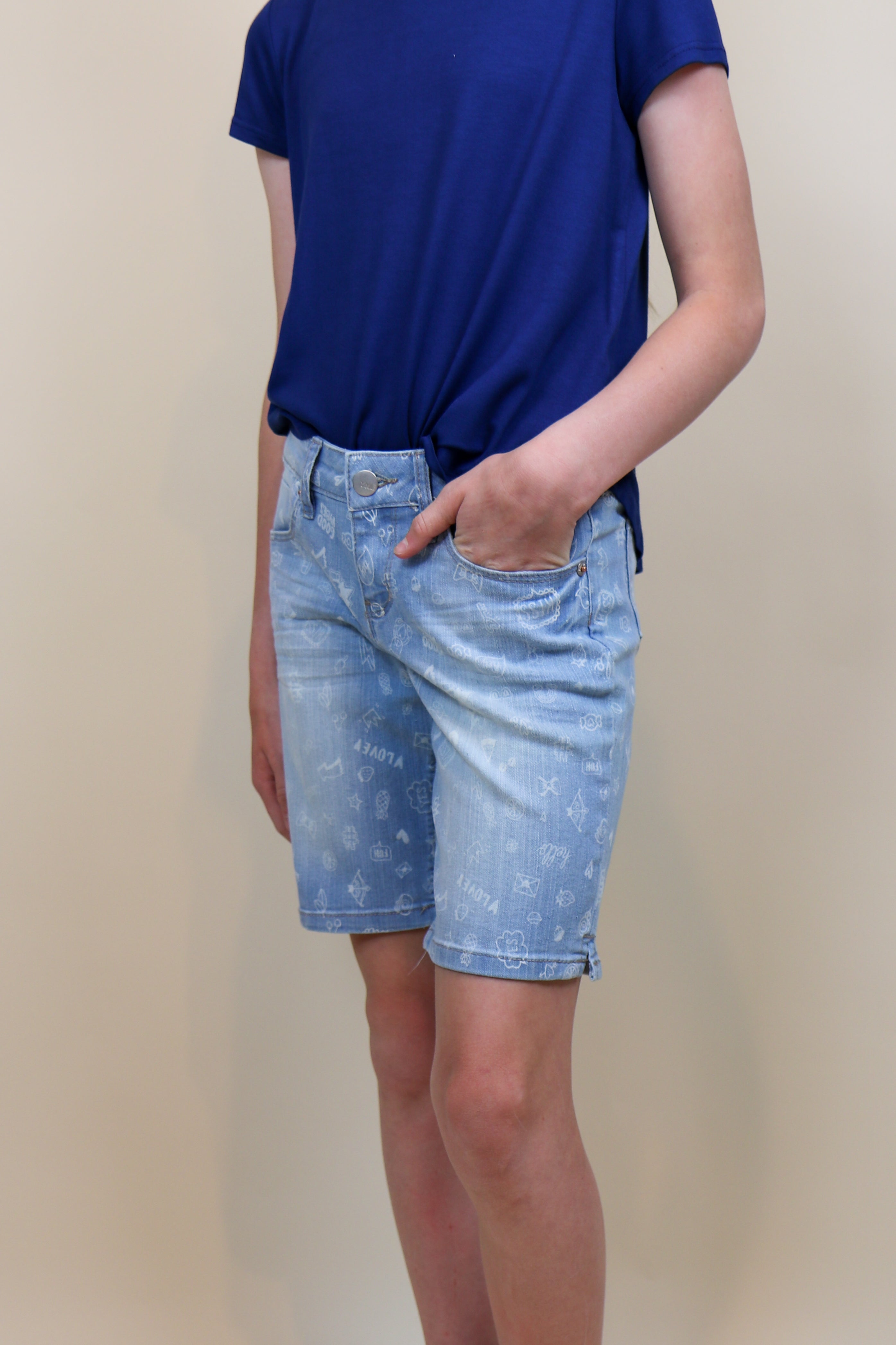Girls Bermuda Jeans With All Over Print - Lt. Wash - Final Sale Jeans YMI Jeanswear- Tilden Co.