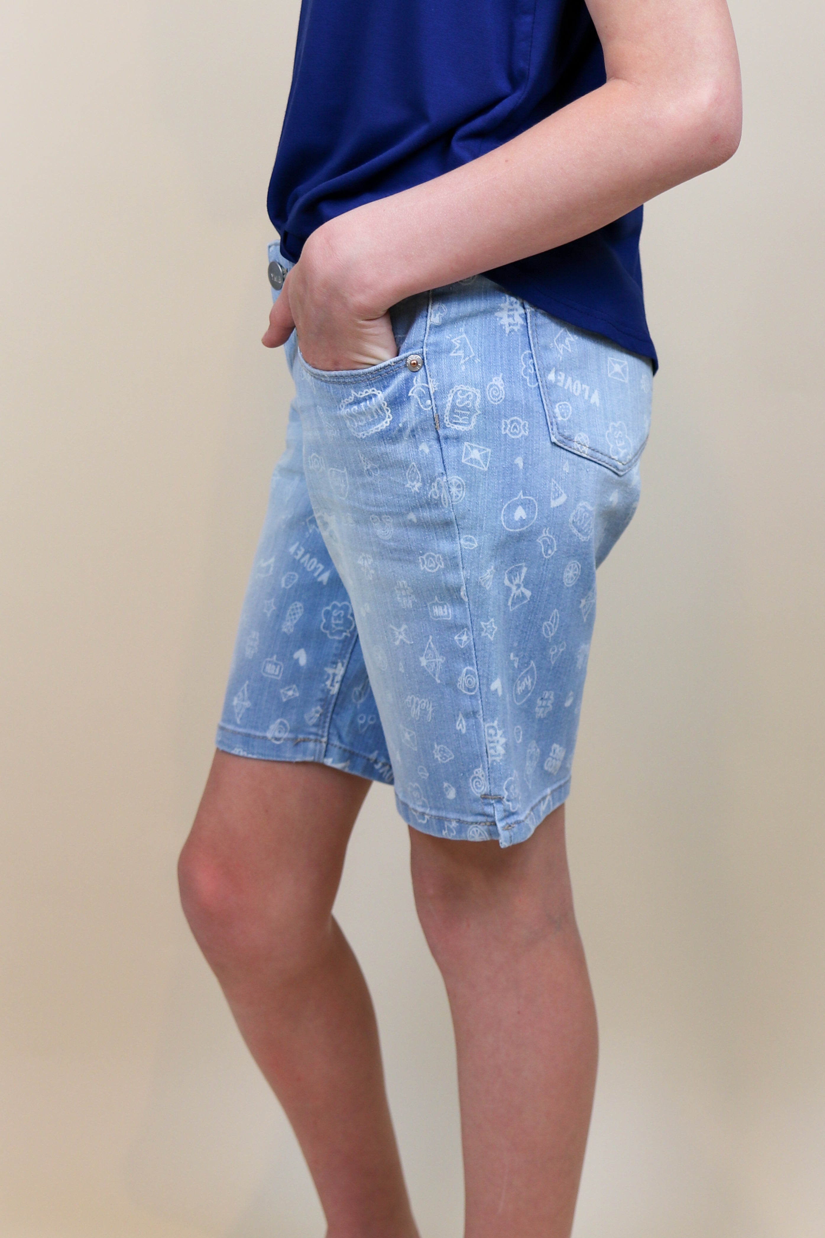 Girls Bermuda Jeans With All Over Print - Lt. Wash - Final Sale Jeans YMI Jeanswear- Tilden Co.