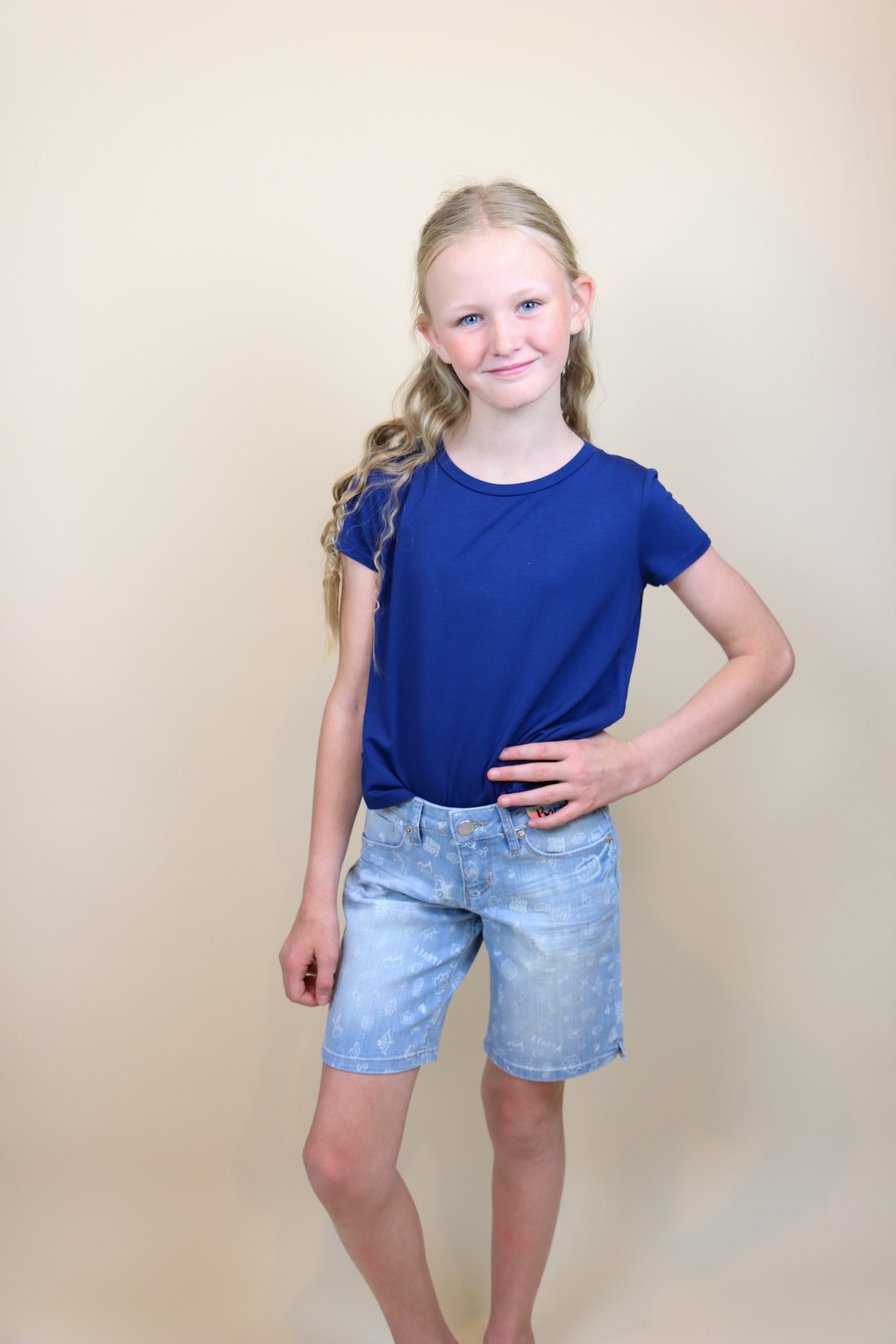 Girls Bermuda Jeans With All Over Print - Lt. Wash - Final Sale Jeans YMI Jeanswear- Tilden Co.