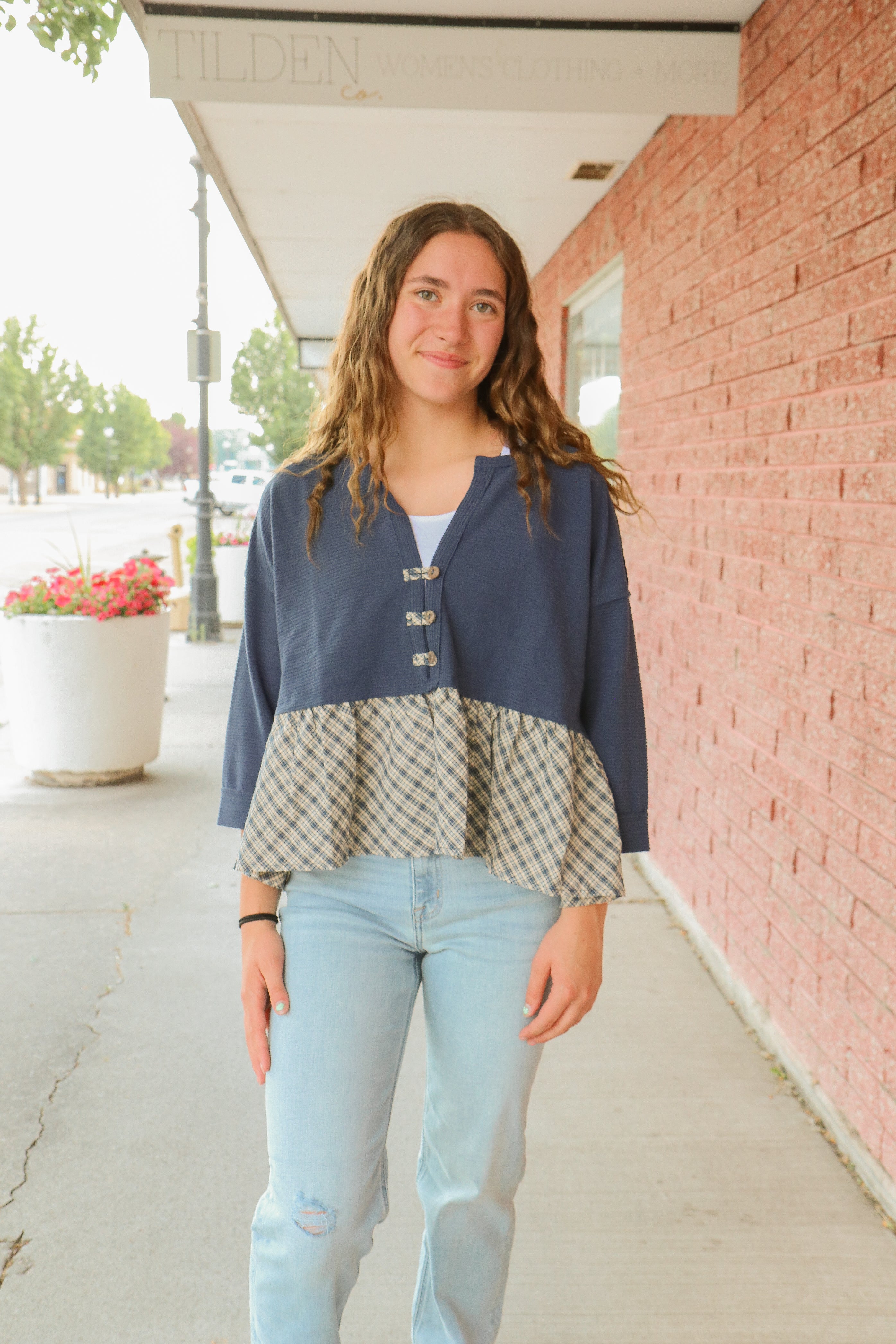 Oversized Plaid Peplum Top    Long Sleeve Shirts and Tops Hem and Thread- Tilden Co.