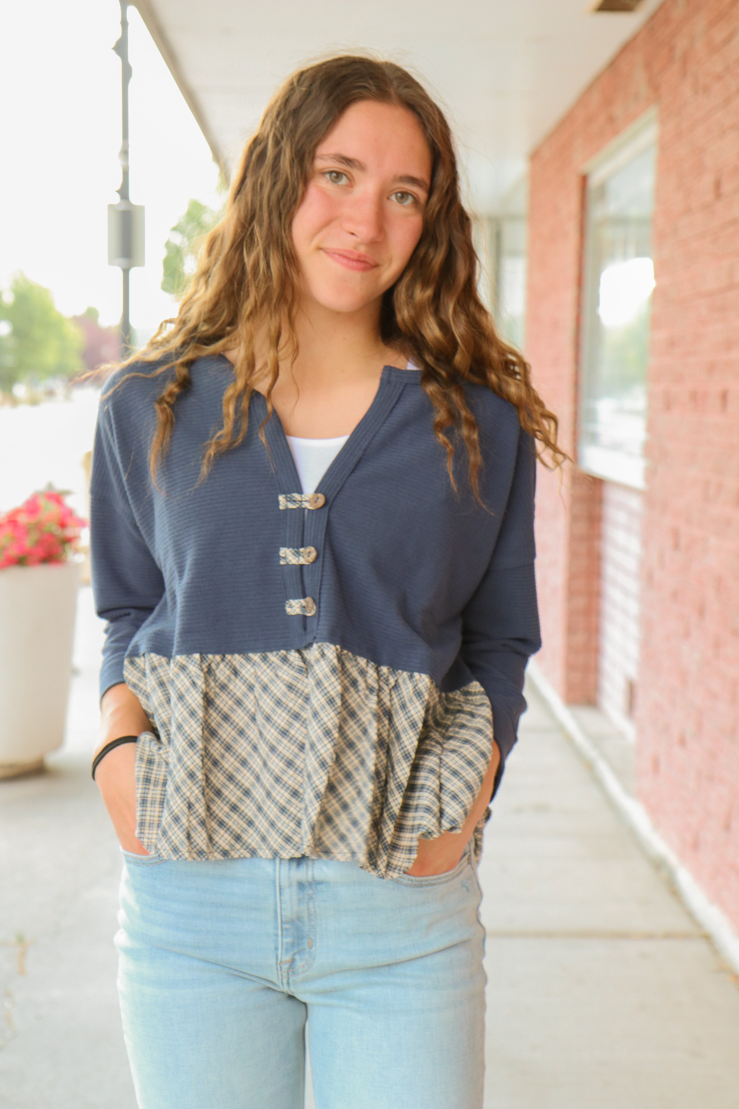 Oversized Plaid Peplum Top    Long Sleeve Shirts and Tops Hem and Thread- Tilden Co.