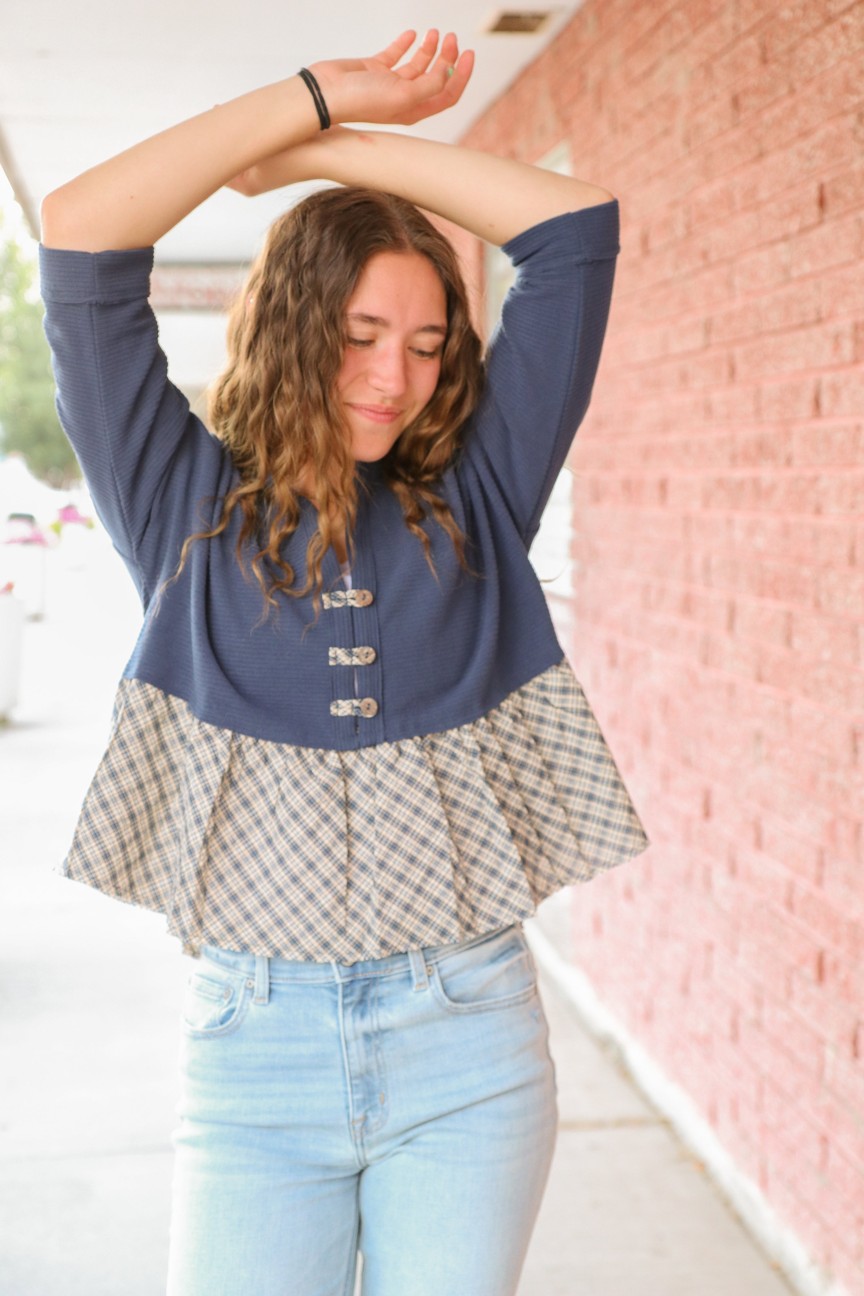 Oversized Plaid Peplum Top    Long Sleeve Shirts and Tops Hem and Thread- Tilden Co.