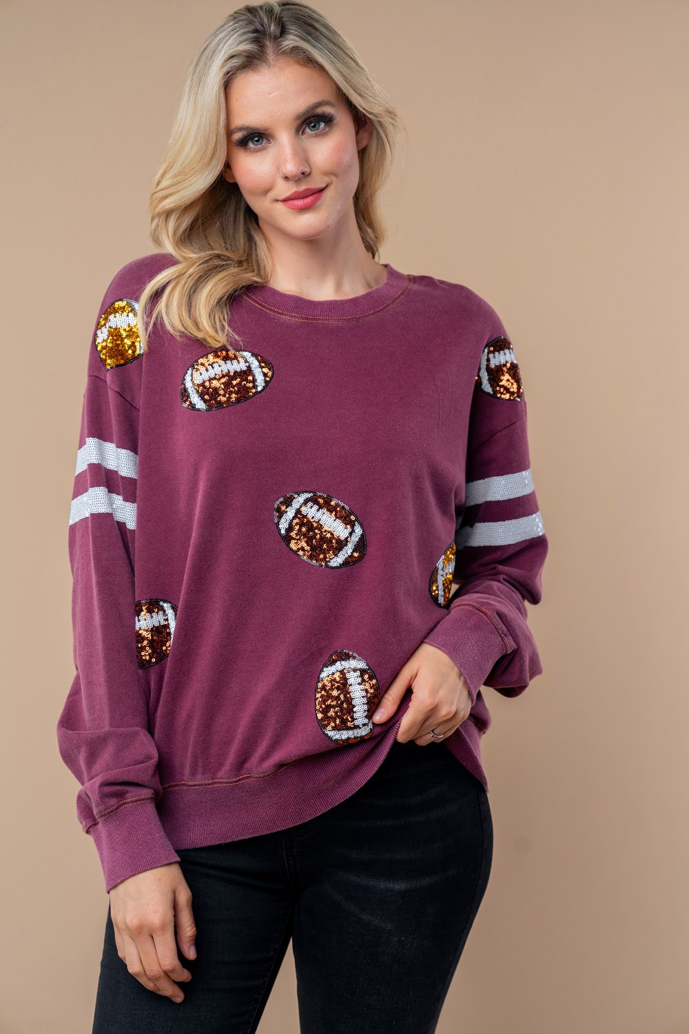 Sequin Football Long Sleeve Knit Top Womens Ave Shops- Tilden Co.