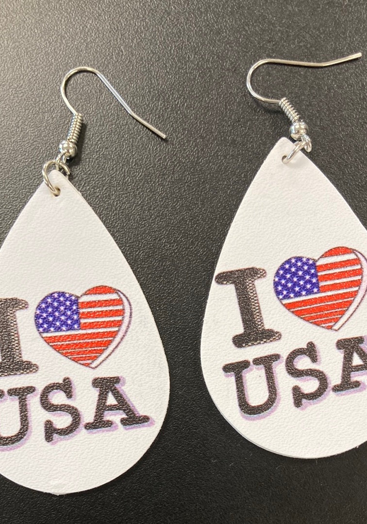 I Love USA Faux Leather Earrings     Daydreamer Creations- Tilden Co.
