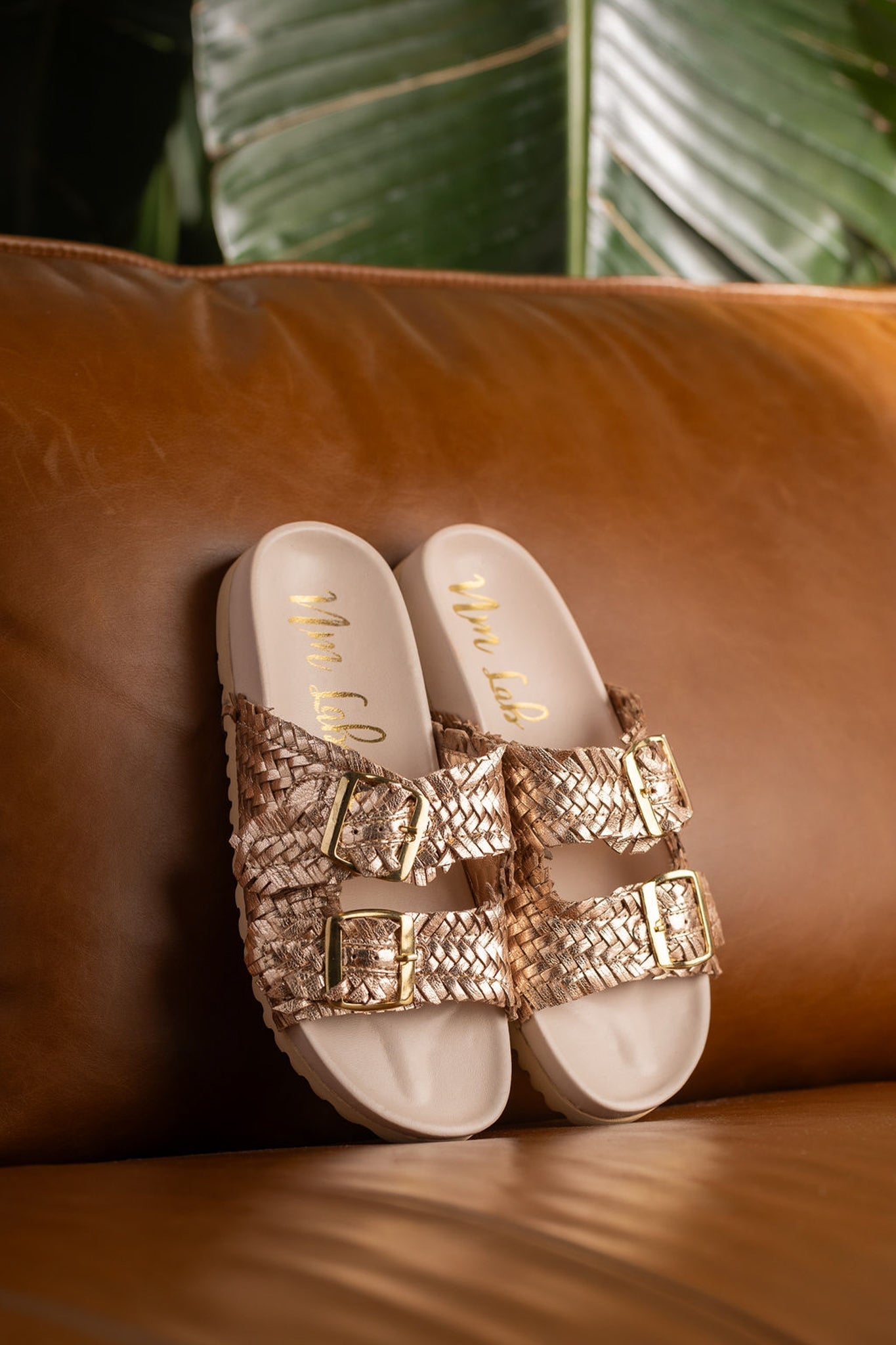 Intertwine Dual Woven Strap Slide in Champagne    Shoes Ave Shops- Tilden Co.