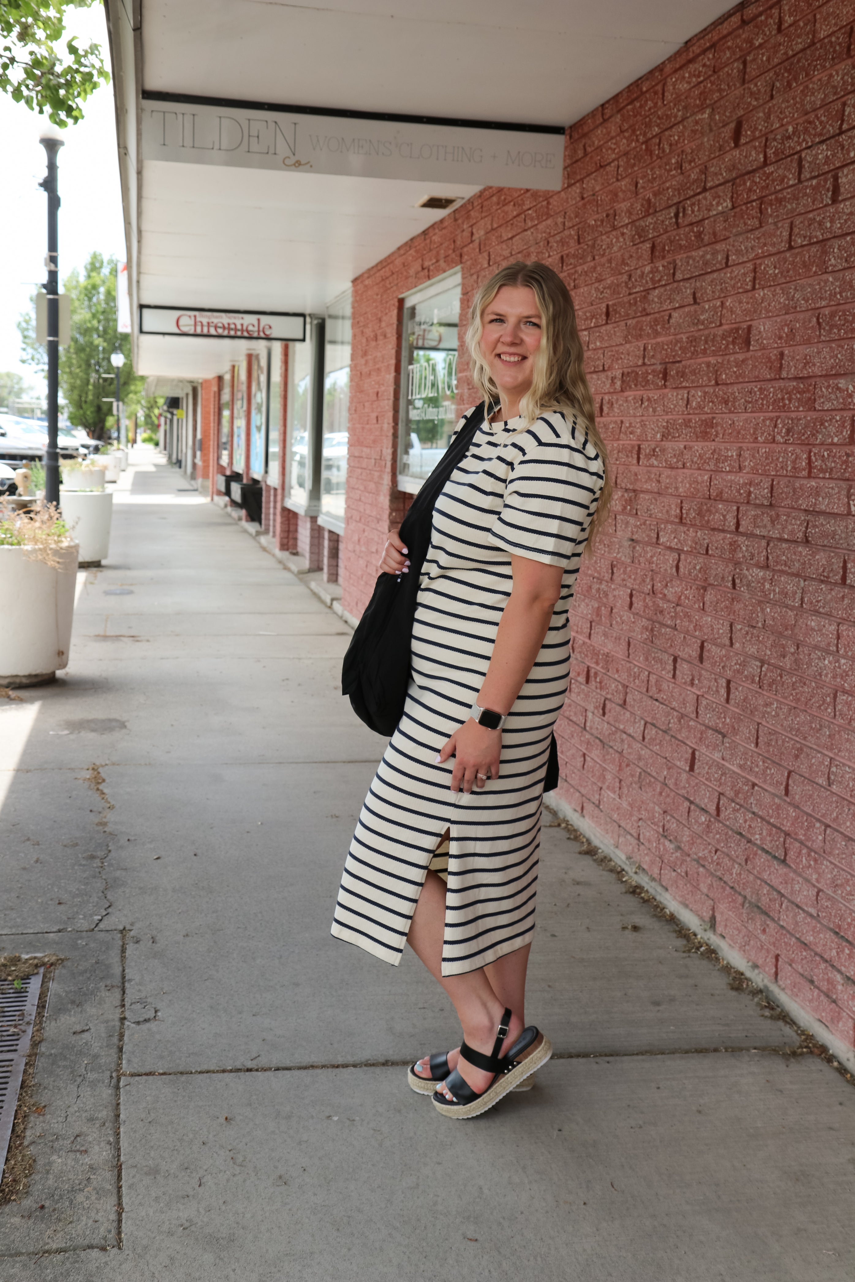Jett Dress in Navy Striped Dress Mikarose- Tilden Co.