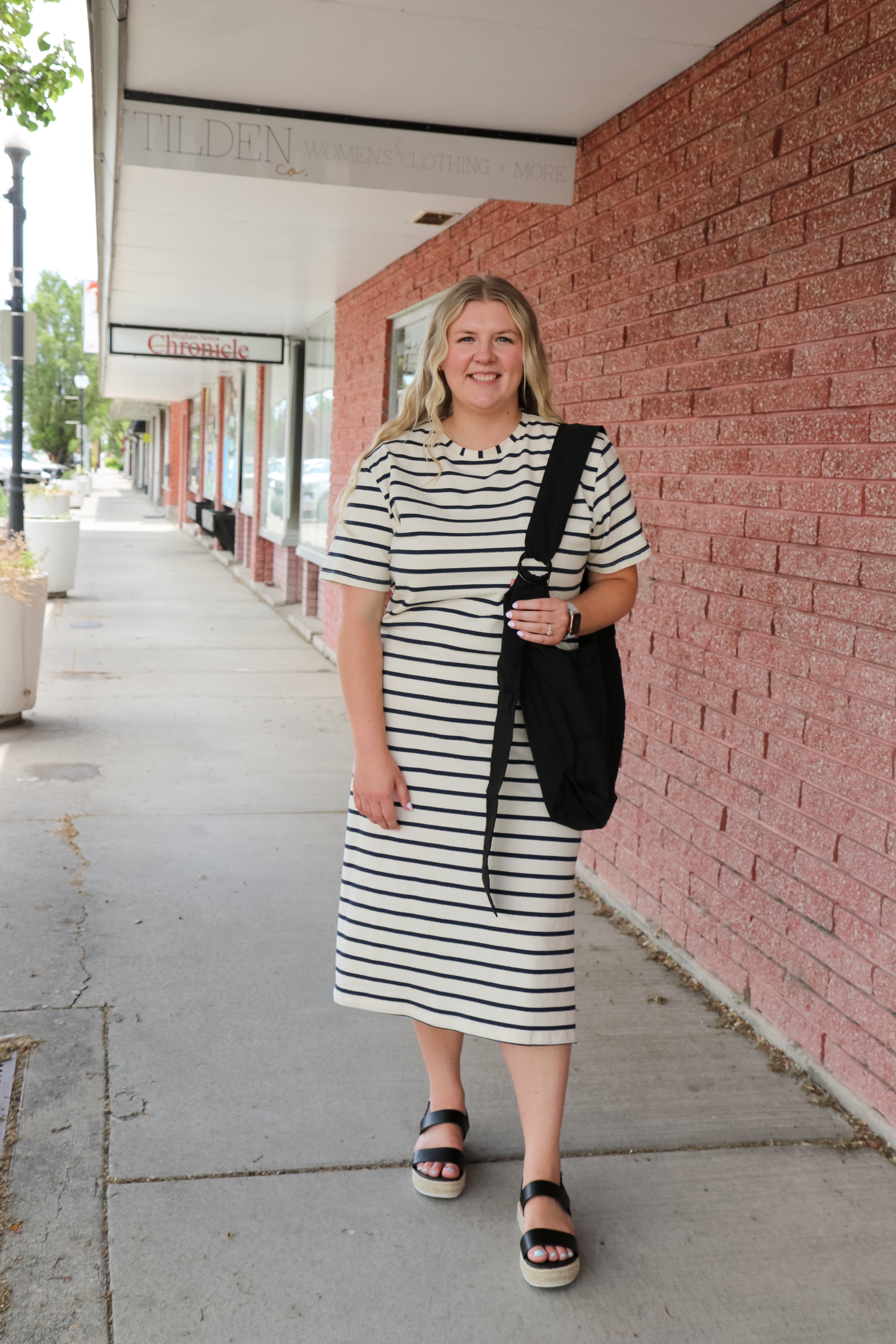 Jett Dress in Navy Striped Dress Mikarose- Tilden Co.