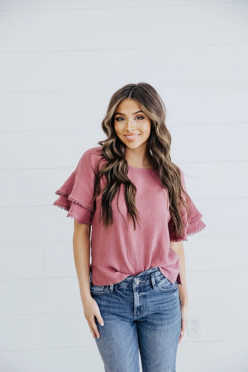 Lace Trim Blouse in Mellow Mauve    Blouse Mikarose- Tilden Co.