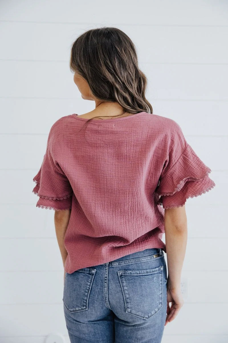 Lace Trim Blouse in Mellow Mauve    Blouse Mikarose- Tilden Co.