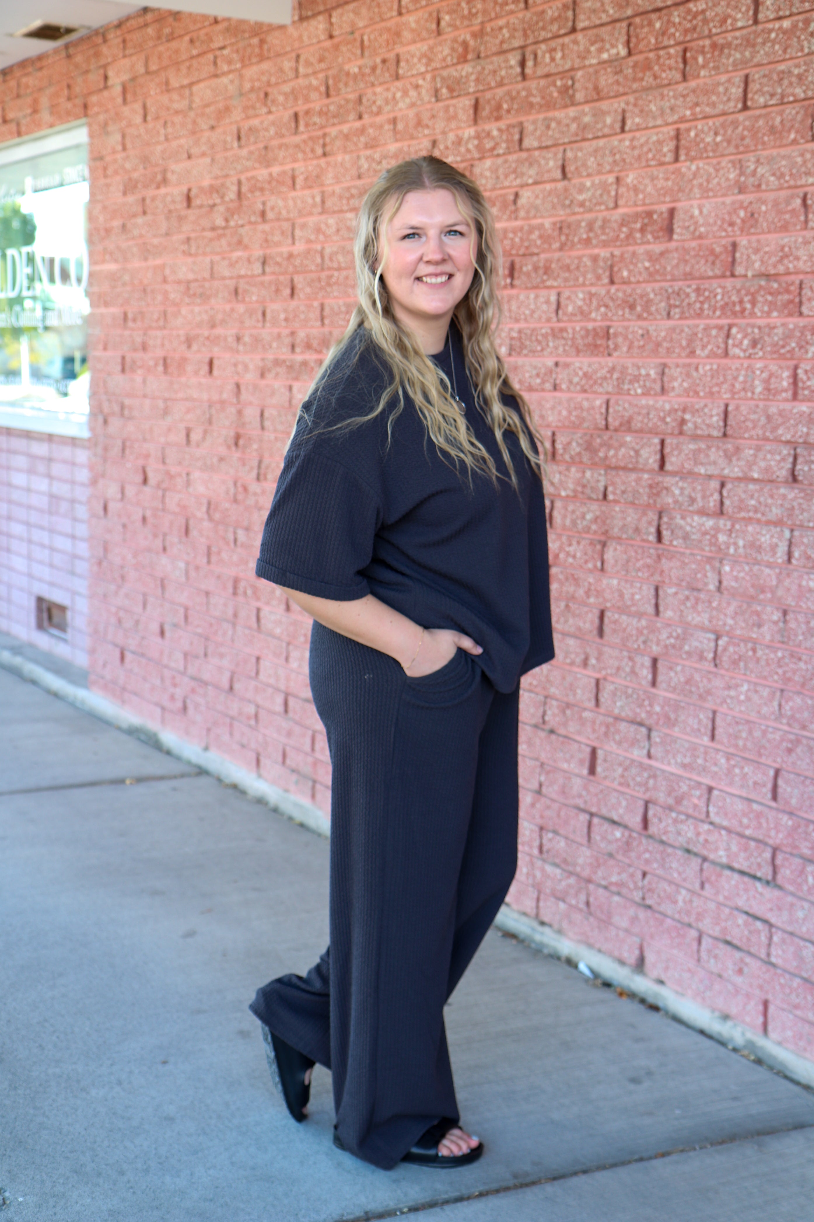 Textured Knit Pant in Rich Charcoal Shirts & Tops Mikarose- Tilden Co.