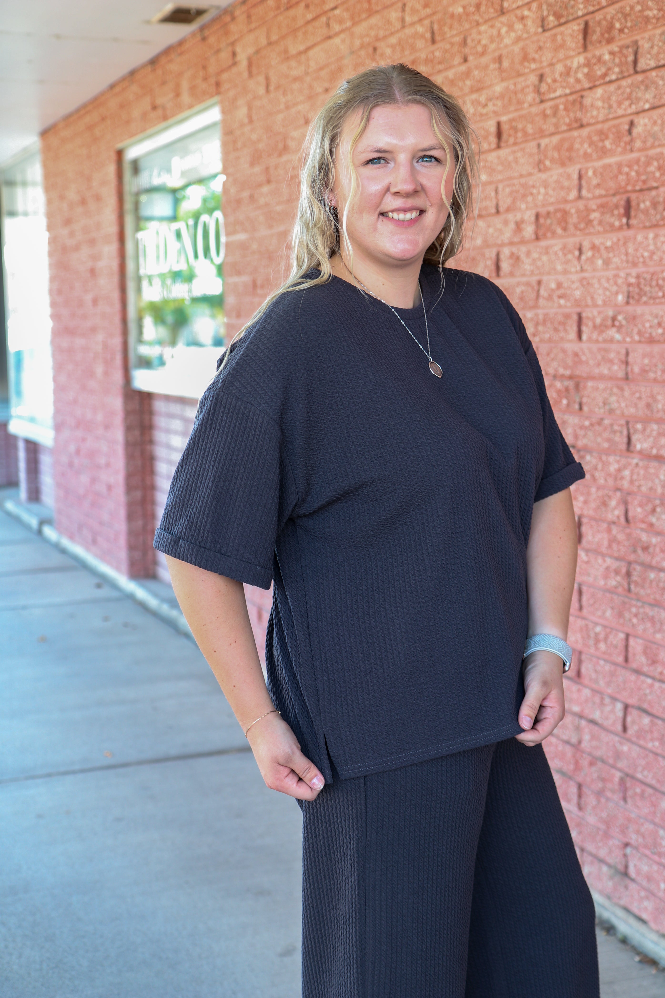 Textured Knit Top in Rich Charcoal Shirts & Tops Mikarose- Tilden Co.